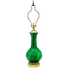 Retro Midcentury Blenko Glass Optic Emerald Green and Brass Lamp