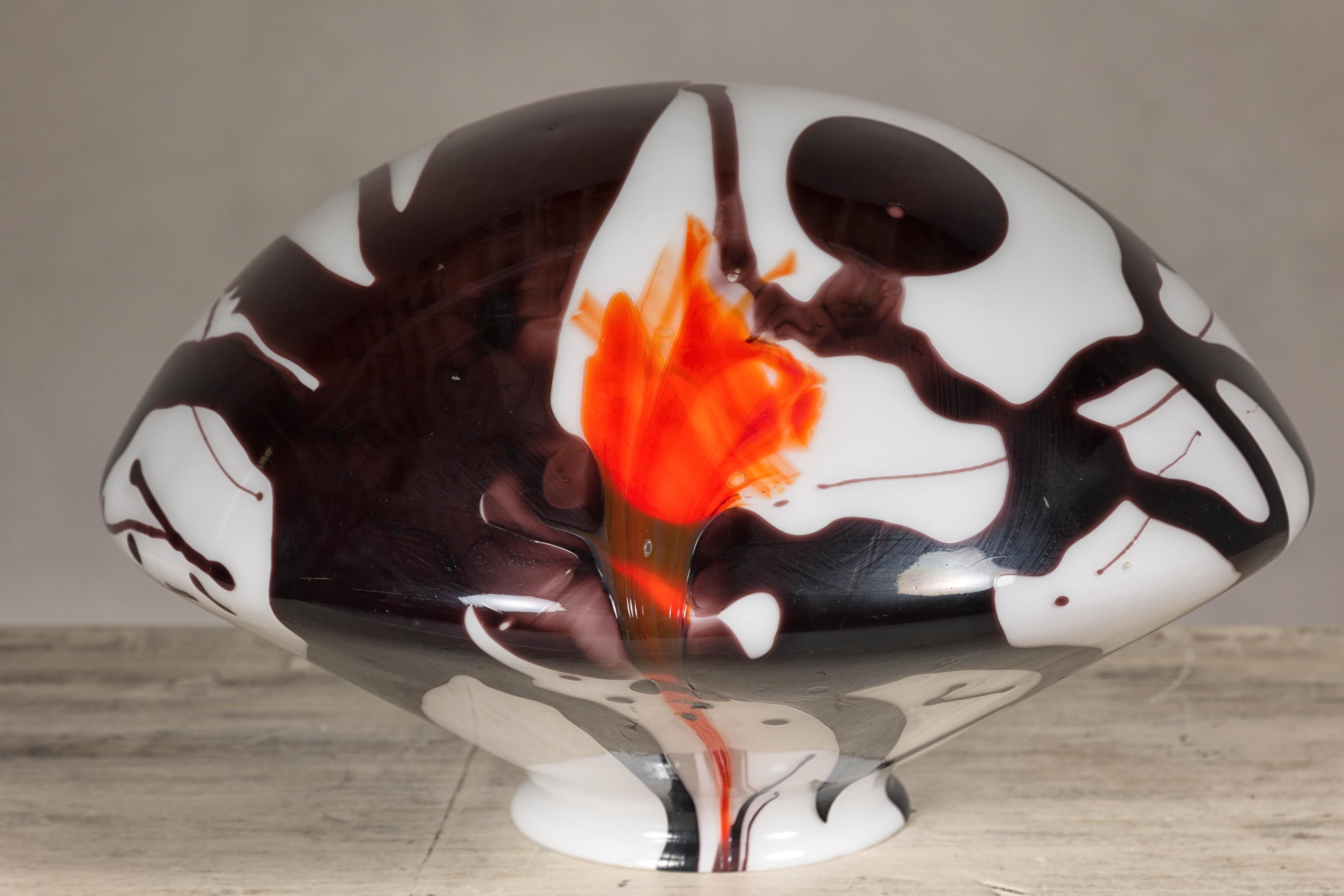 20th Century Midcentury Blown Glass Dome with White, Black and Orange Abstract Décor For Sale