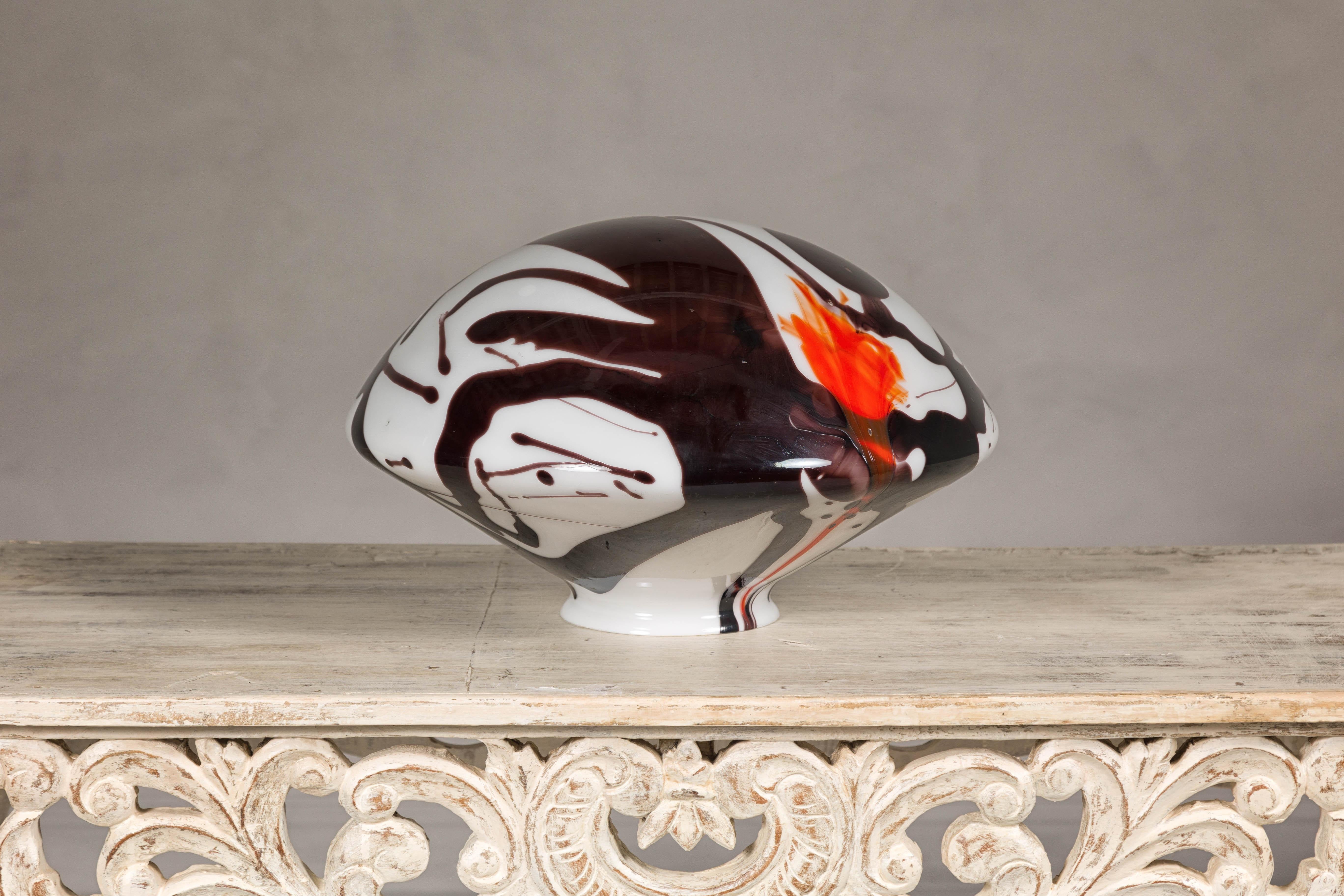 Midcentury Blown Glass Dome with White, Black and Orange Abstract Décor For Sale 1