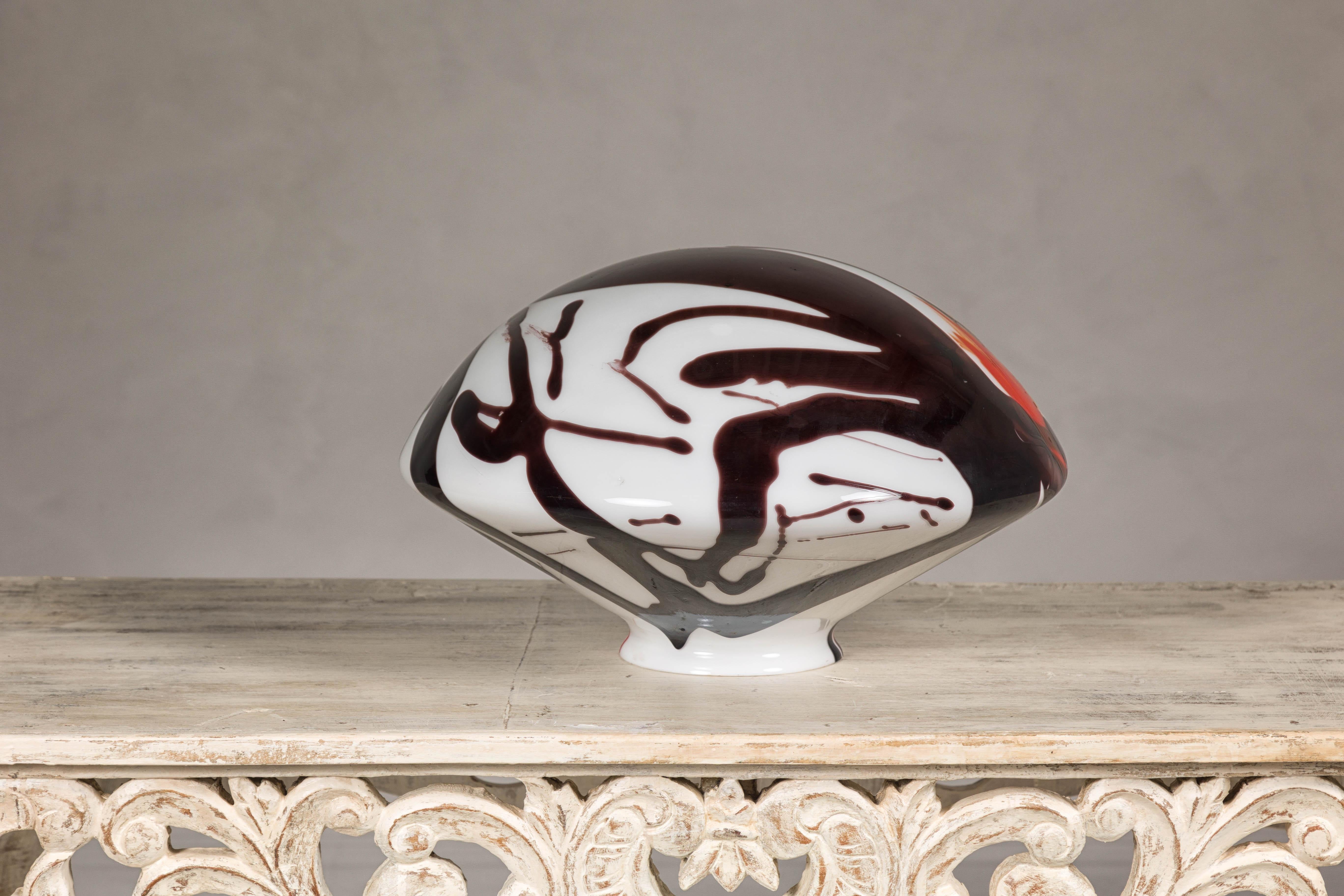 Midcentury Blown Glass Dome with White, Black and Orange Abstract Décor For Sale 2