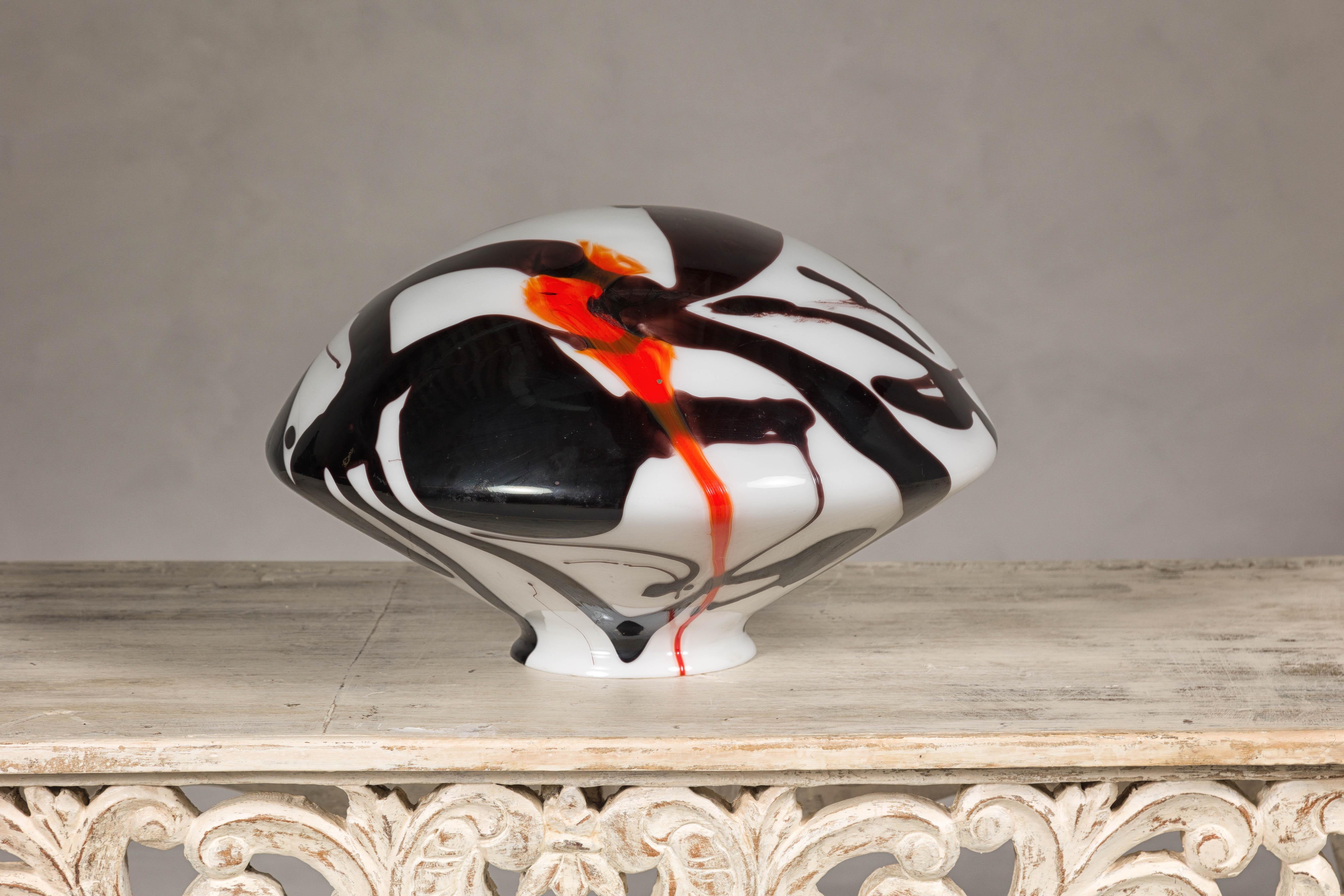 Midcentury Blown Glass Dome with White, Black and Orange Abstract Décor For Sale 4