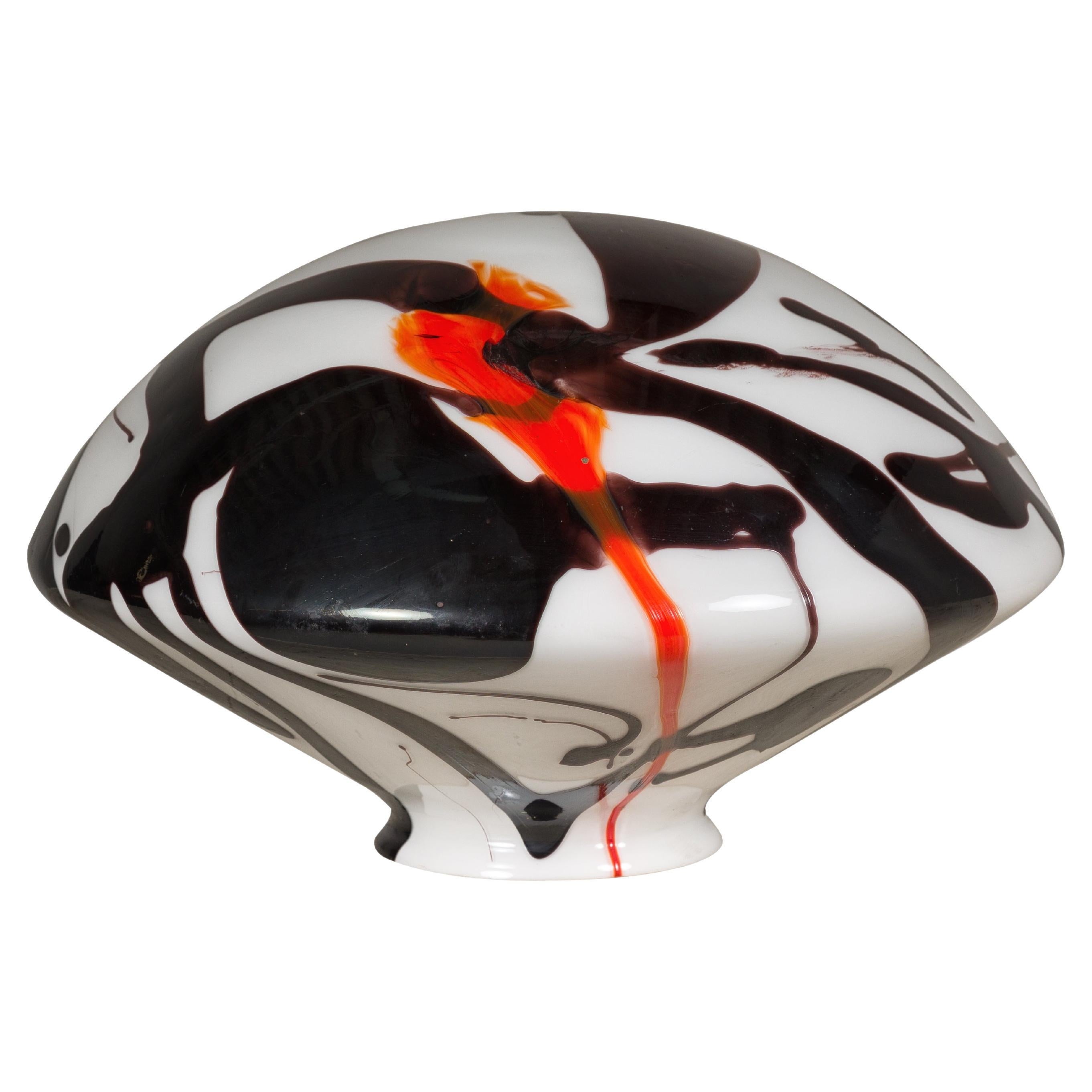 Midcentury Blown Glass Dome with White, Black and Orange Abstract Décor For Sale