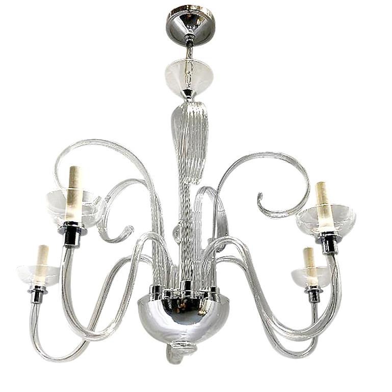 A circa 1960's Italian blown glass Murano chandelier with 5 lights and blown glass decorations.

Measurements:
Drop 34