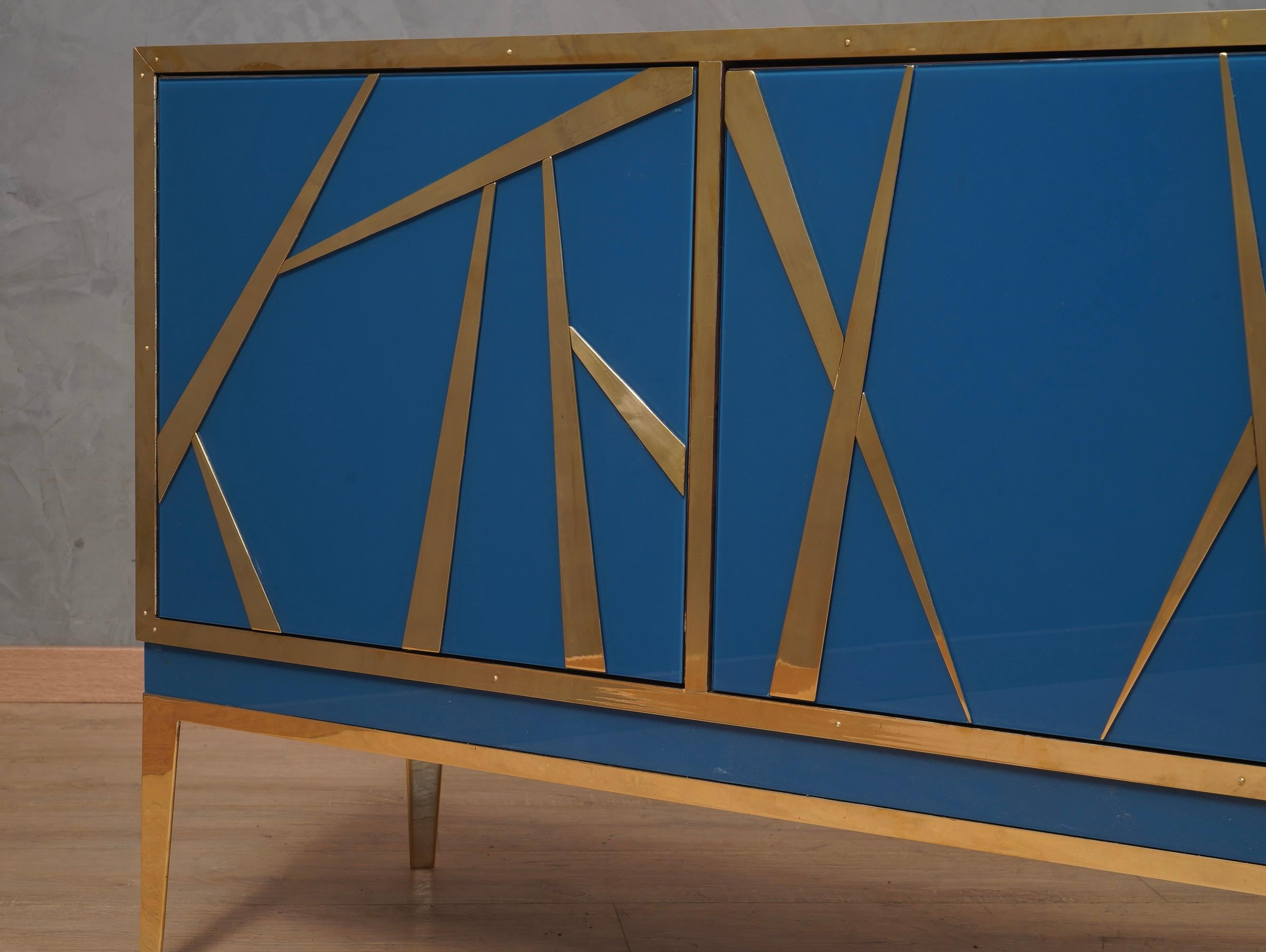 Mid-Century Modern Blu Glass and Brass Italian Credenza Sideboard , 2000 For Sale