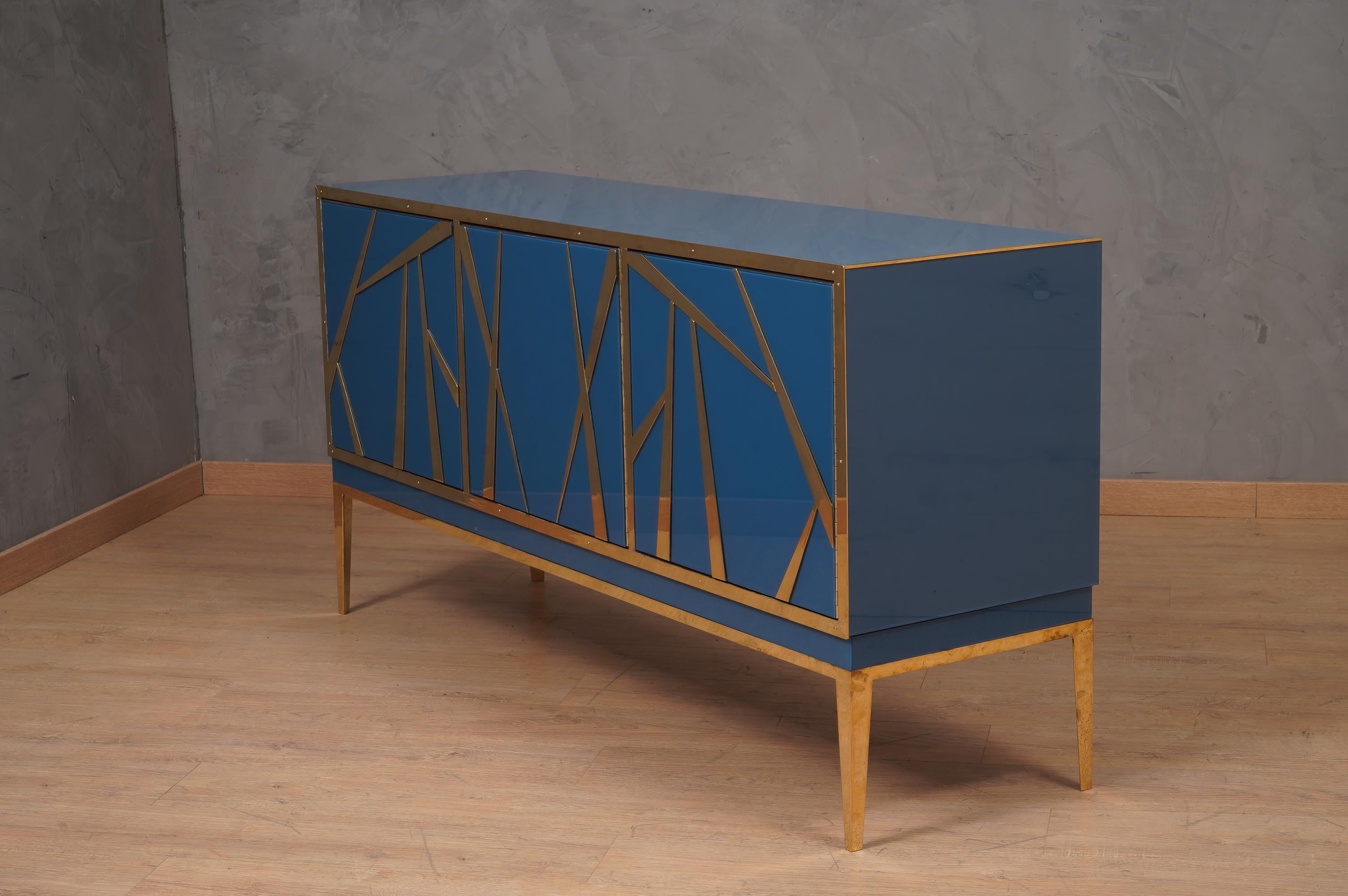 Contemporary Blu Glass and Brass Italian Credenza Sideboard , 2000 For Sale