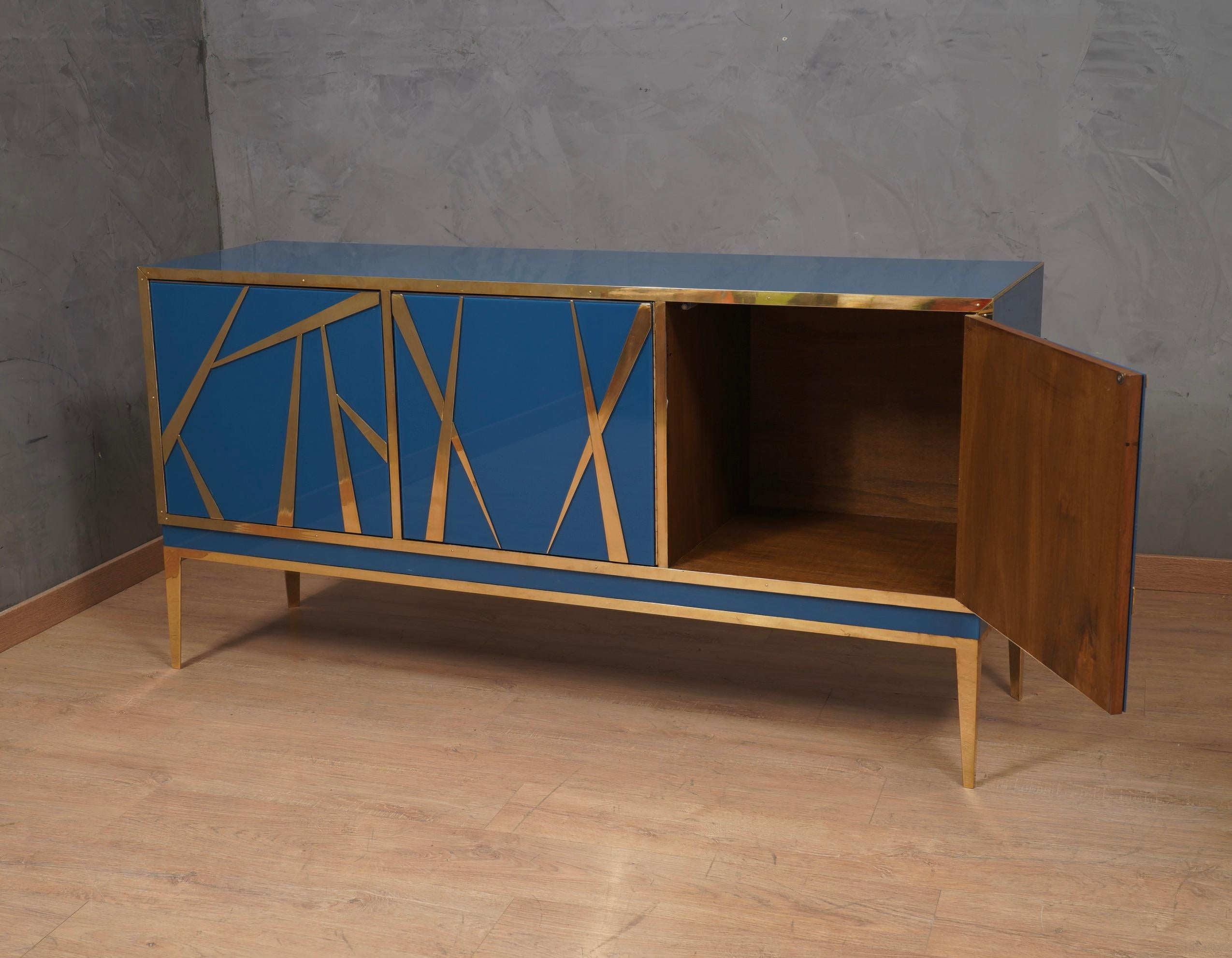 Blu Glass and Brass Italian Credenza Sideboard , 2000 For Sale 1