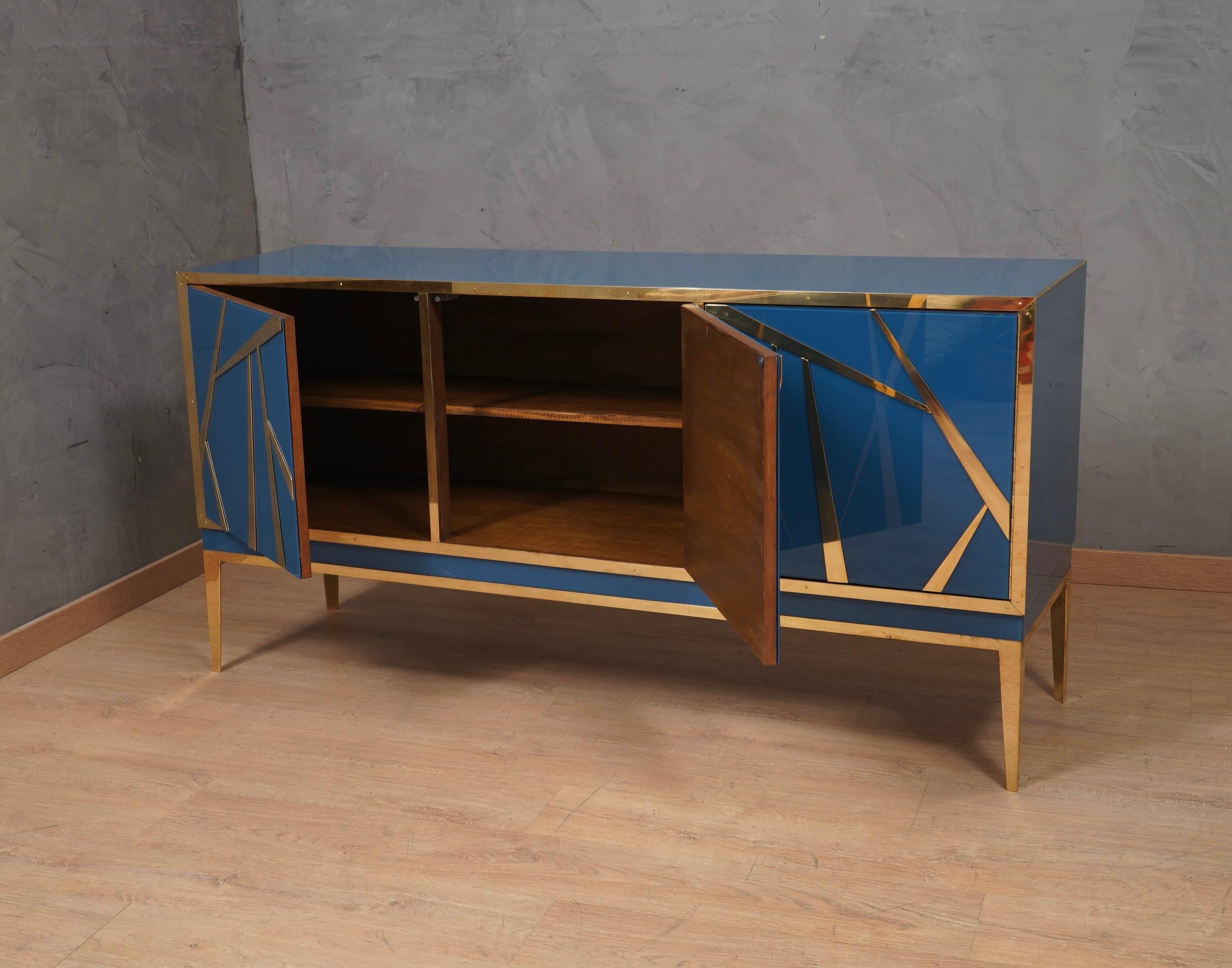 Blu Glass and Brass Italian Credenza Sideboard , 2000 For Sale 3
