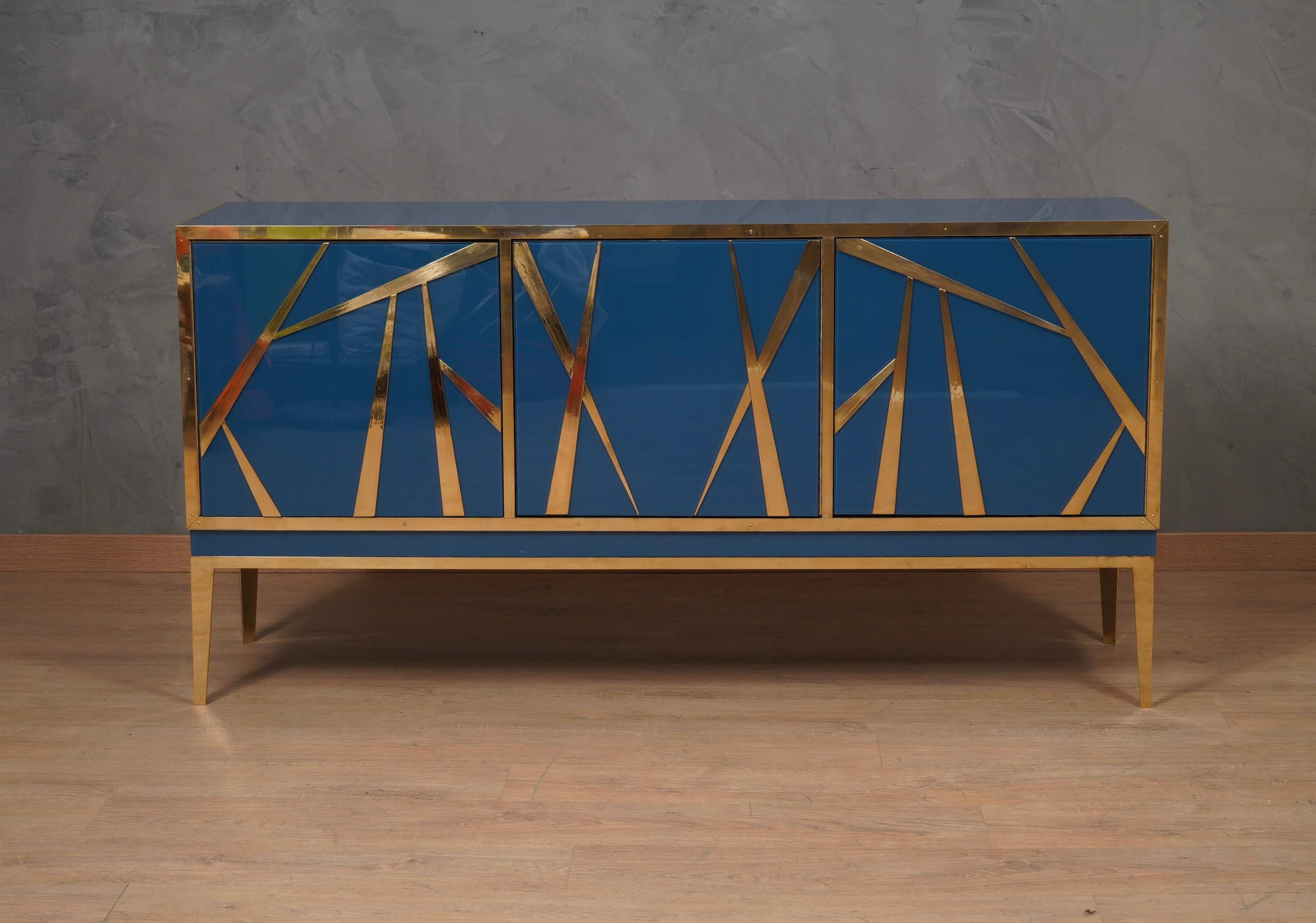 Blu Glass and Brass Italian Credenza Sideboard , 2000 For Sale 4