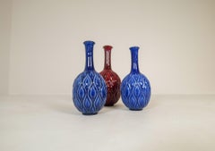 Midcentury Blue and Red Peacock Vases Sven Erik Skawonius Upsala Ekeby, 1950s