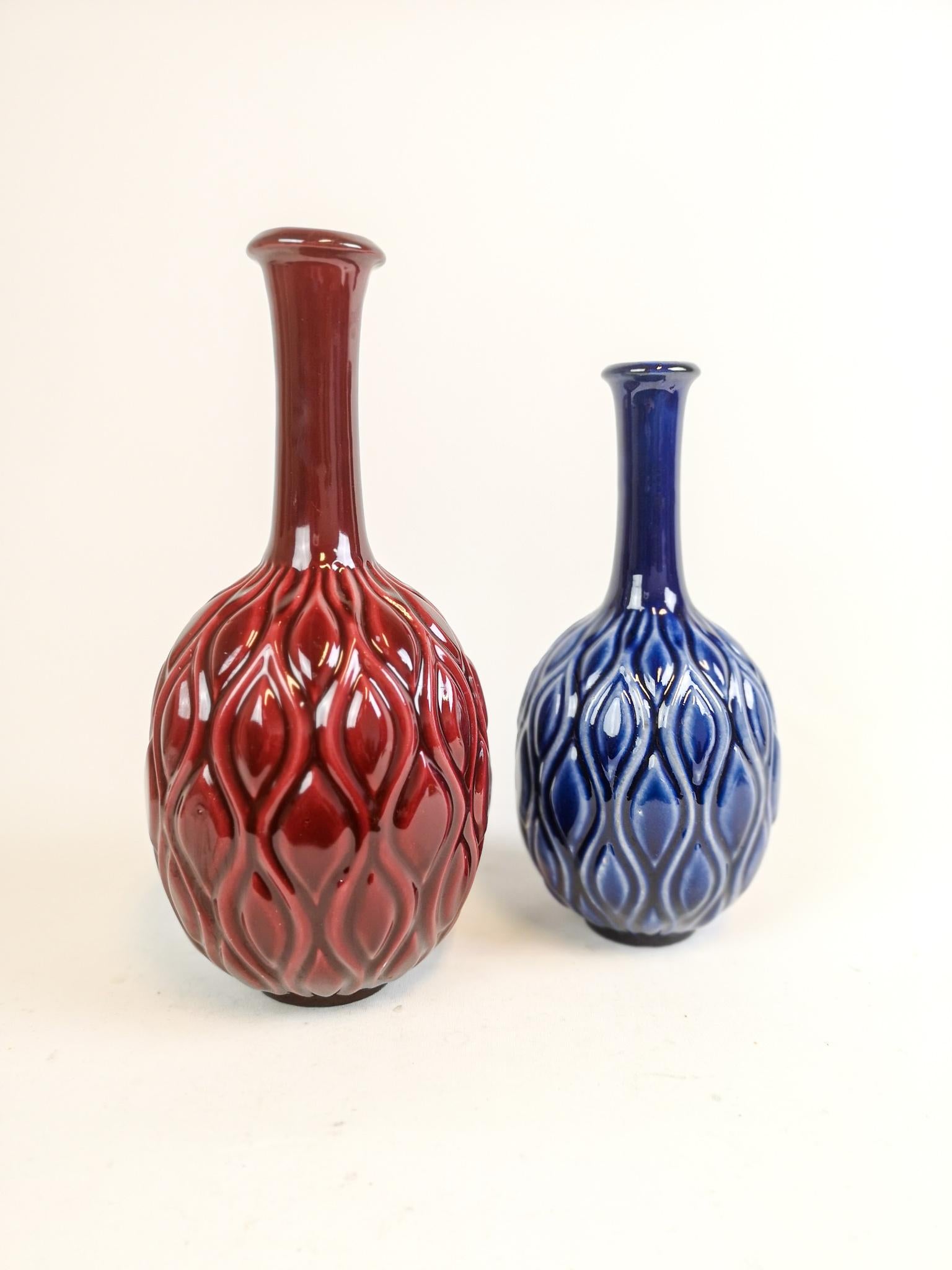 Mid-Century Modern Midcentury Blue and Red Peacock Vases Sven Erik Skawonius Upsala Ekeby, 1950s