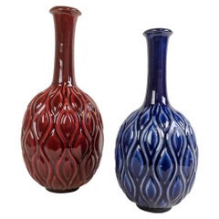 Midcentury Blue and Red Peacock Vases Sven Erik Skawonius Upsala Ekeby, 1950s