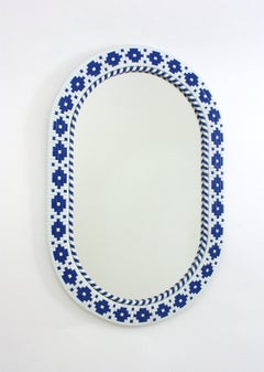 Blauer und weißer gewebter ovaler Spiegel aus der Mitte des Jahrhunderts