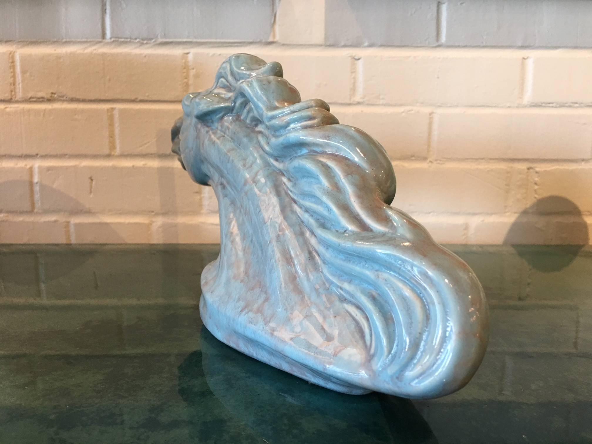 Cast Midcentury Blue Ceramic Horse Head For Sale