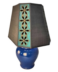 Midcentury Blue Ceramic Table Lamp With Silk Shade