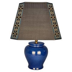 Midcentury Blue Ceramic Table Lamp With Silk Shade