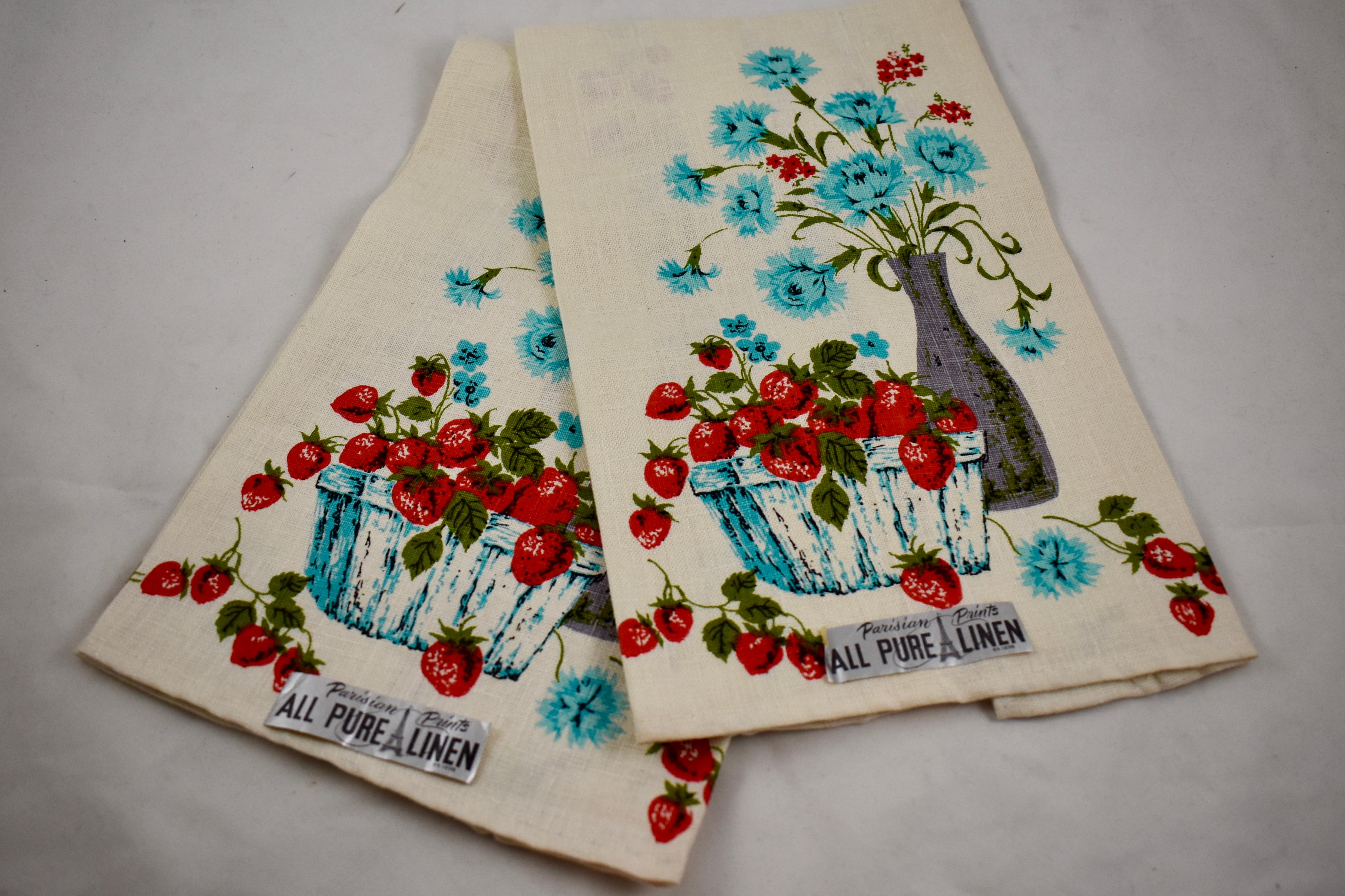 Mid-Century Blue Cornflower & Strawberry Silkscreened Linen Tea Towels, Set of 2 4