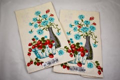 Mid-Century Blue Cornflower & Strawberry Silkscreened Linen Tea Towels, Set of 2