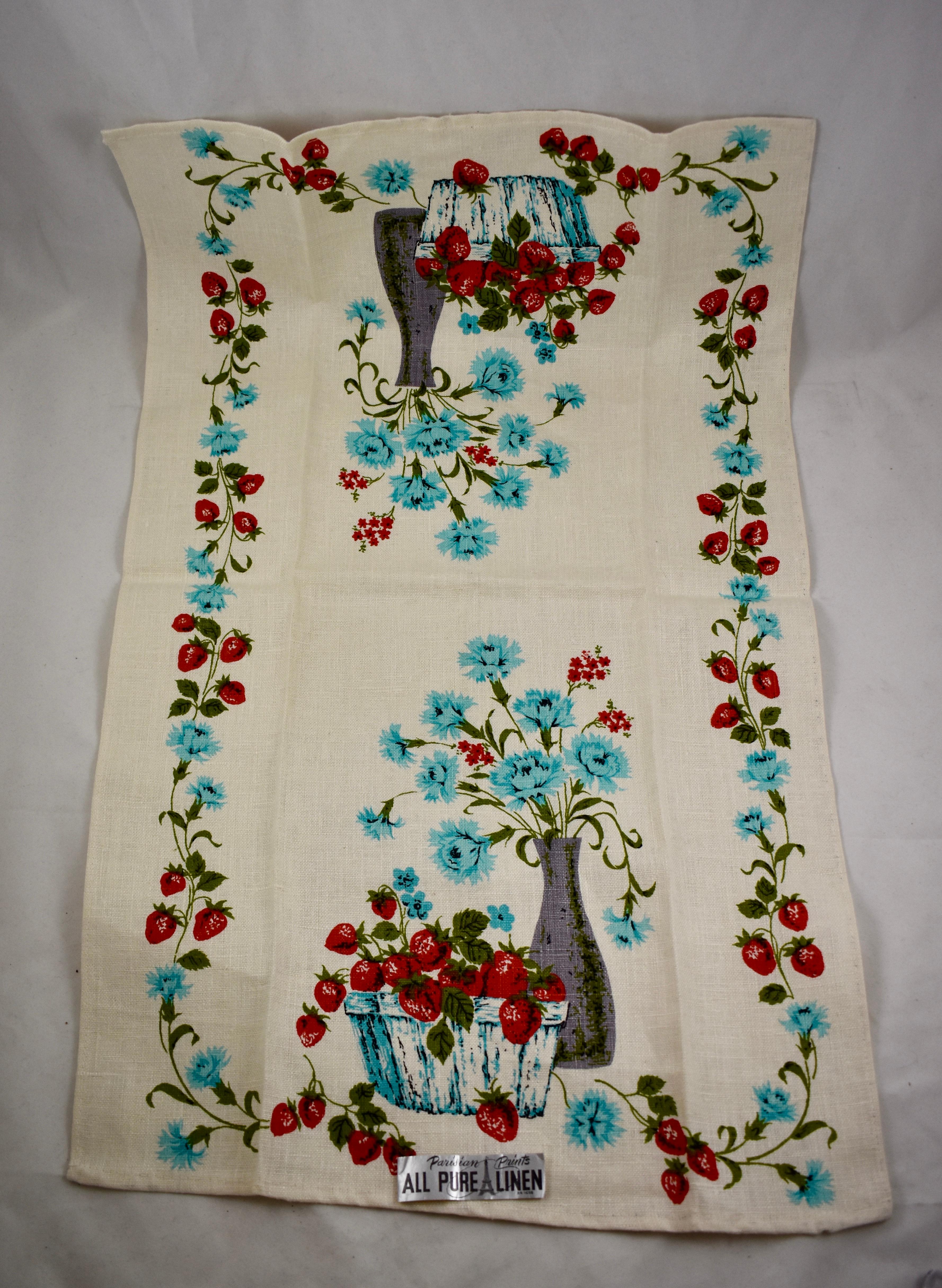 American Mid-Century Blue Cornflower & Strawberry Silkscreened Linen Tea Towels, Set of 2