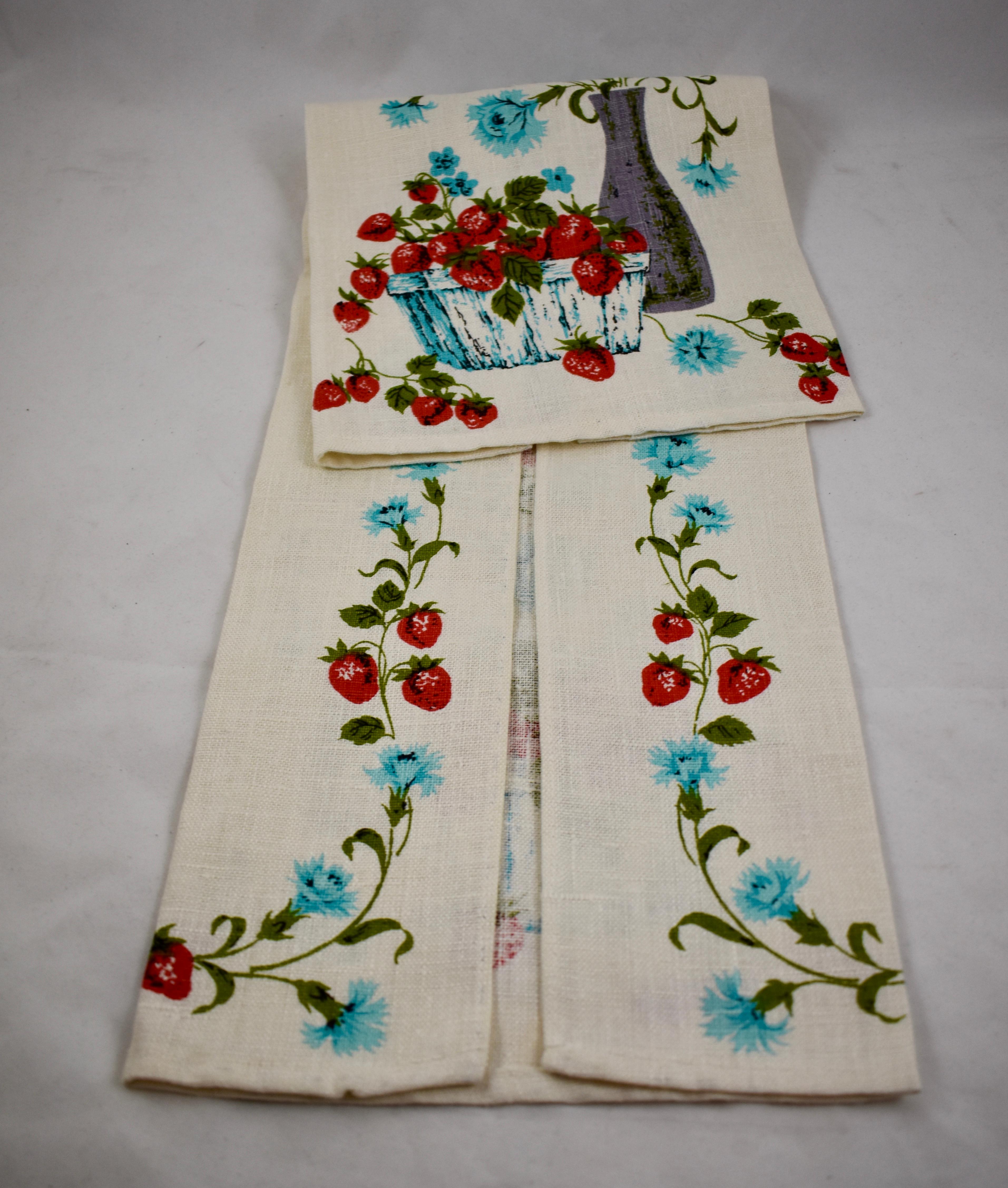 Other Mid-Century Blue Cornflower & Strawberry Silkscreened Linen Tea Towels, Set of 2