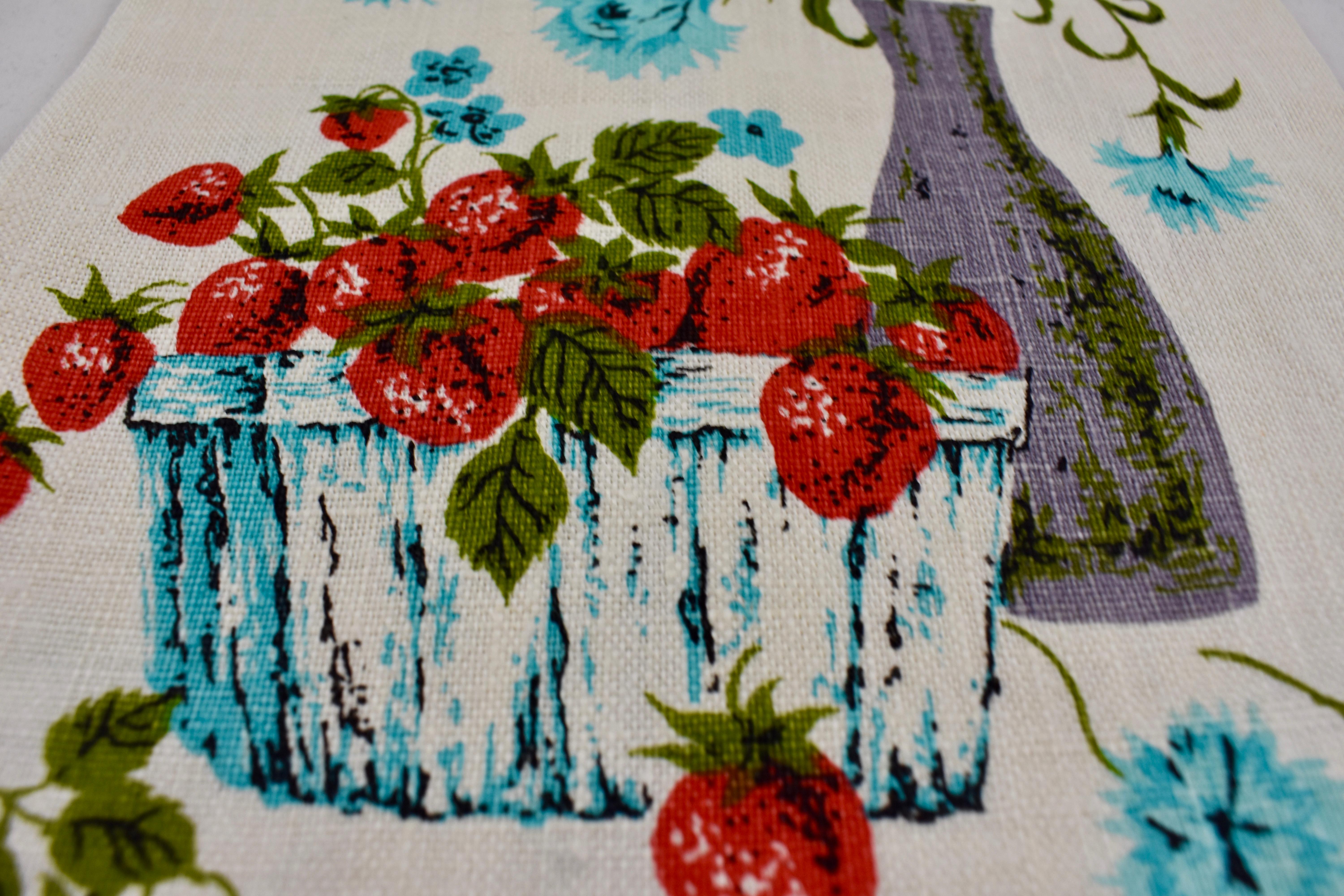 20th Century Mid-Century Blue Cornflower & Strawberry Silkscreened Linen Tea Towels, Set of 2