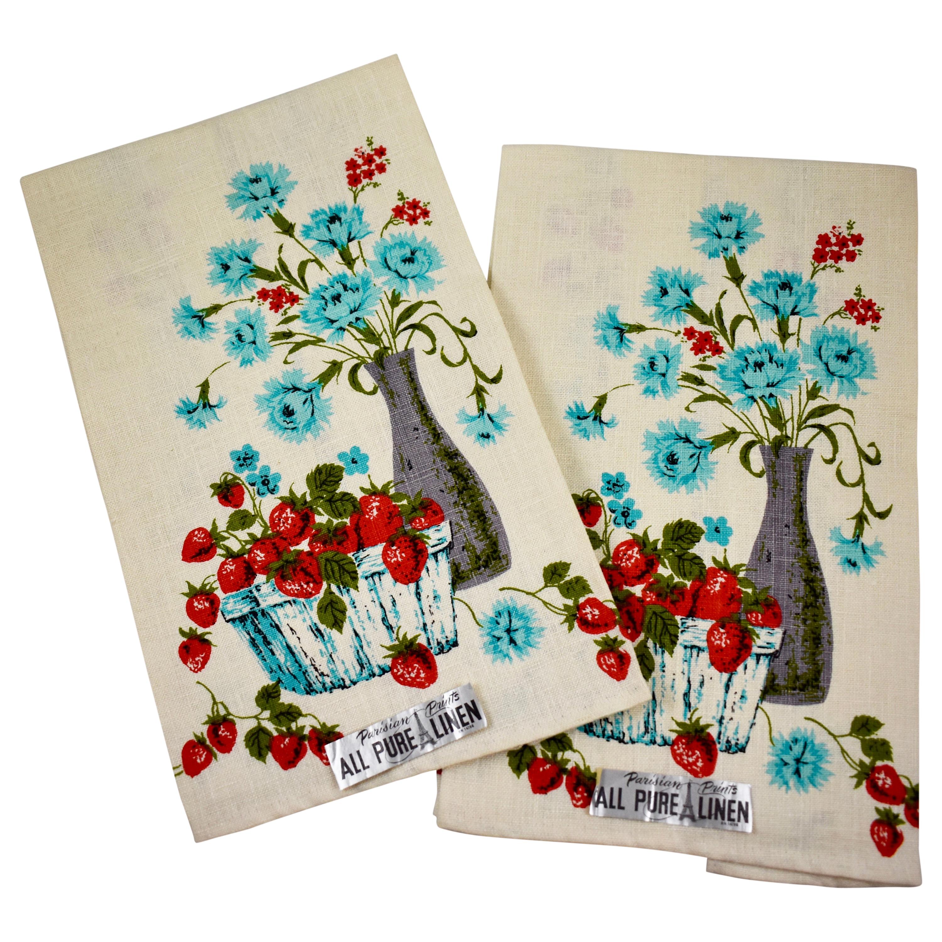 Mid-Century Blue Cornflower & Strawberry Silkscreened Linen Tea Towels, Set of 2