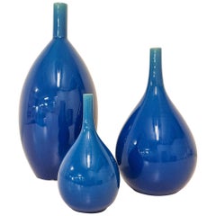Midcentury Blue Drop Formed Vases Carl Harry Stålhane Rörstrand, Sweden, 1960s