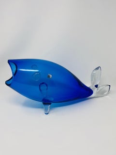 Midcentury Blue Glass Fish Vase by Blenko