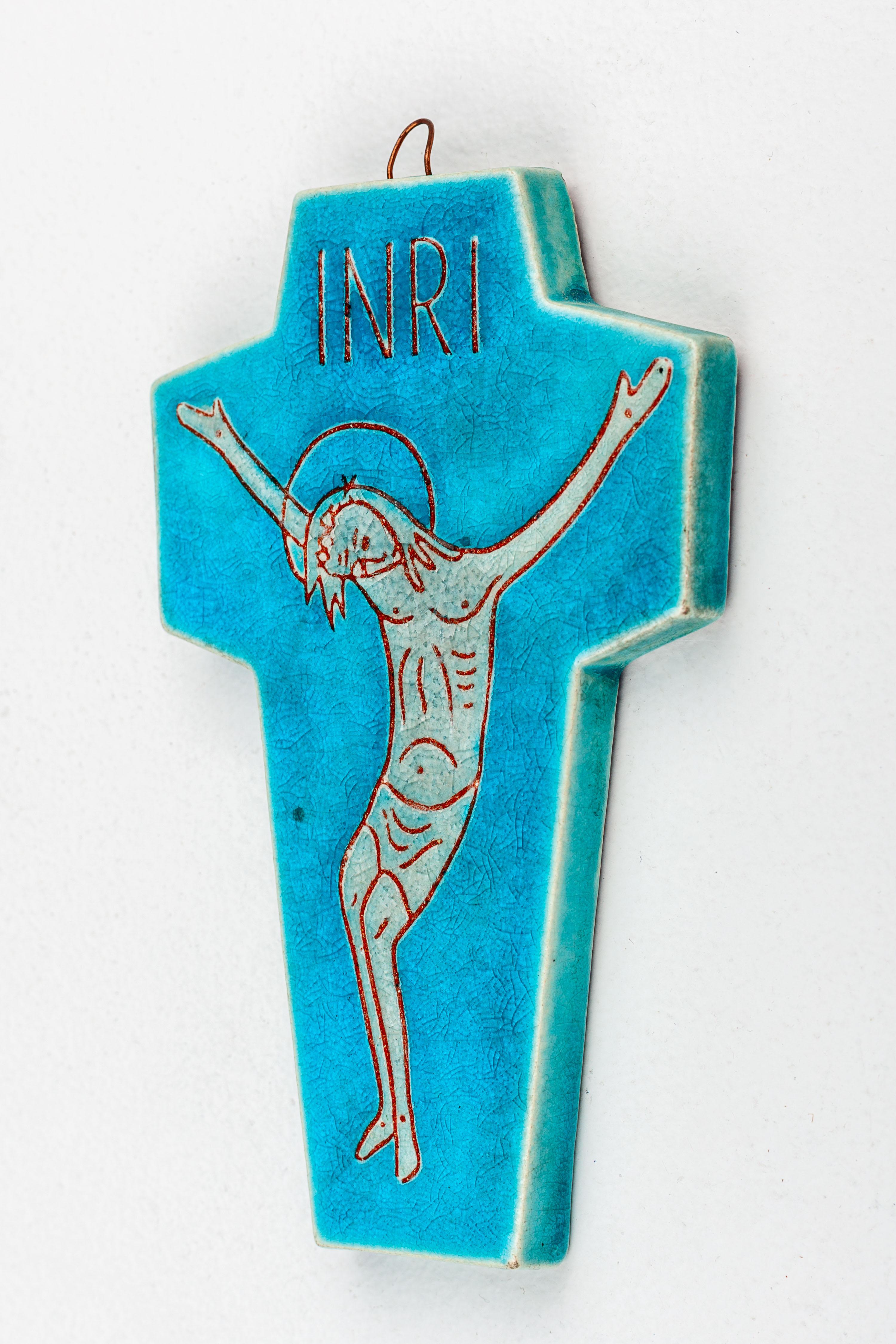 Mid-Century Modern Midcentury Blue & Green Ceramic Wall Cross, Jesus INRI, Handmade in Europe For Sale