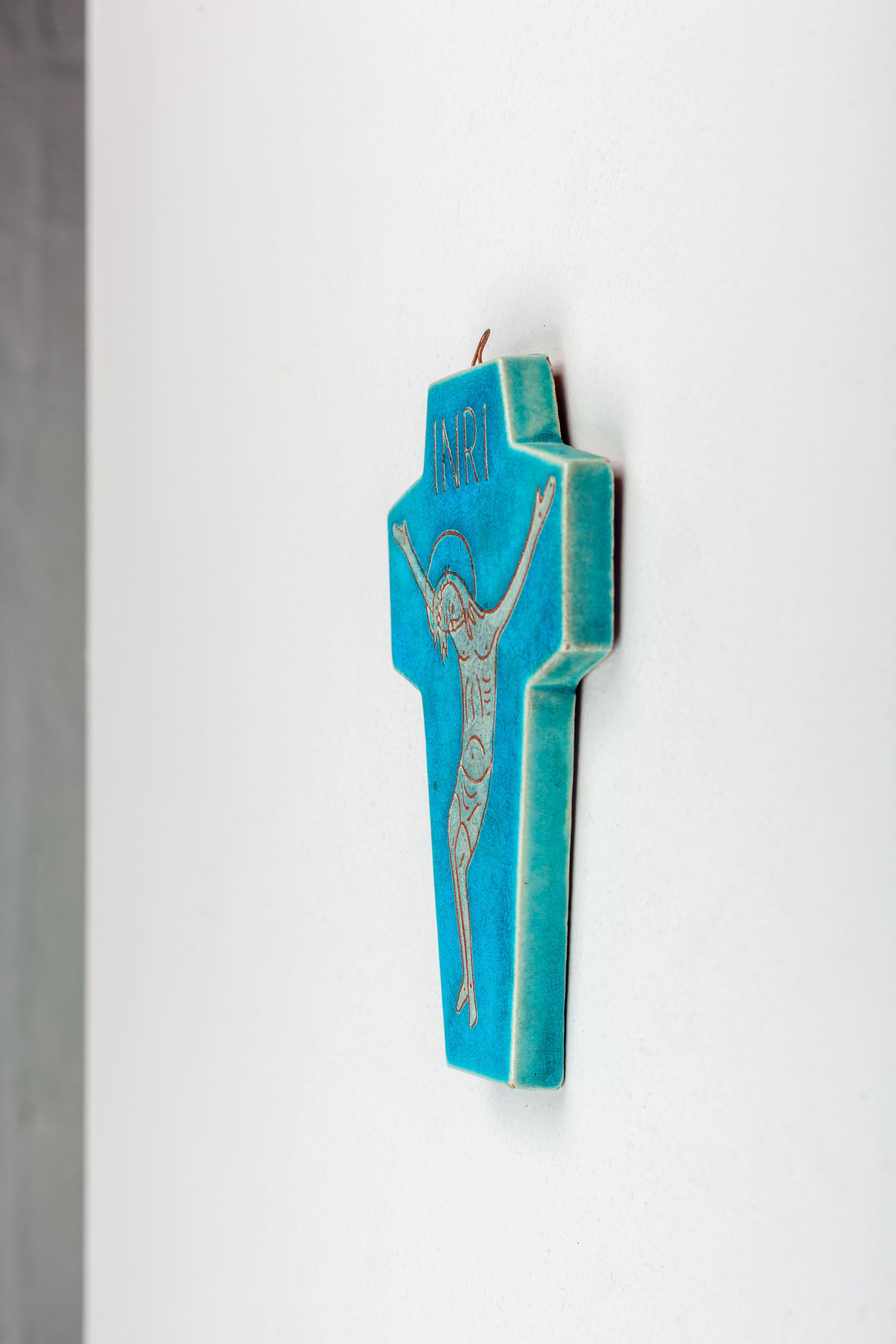 Midcentury Blue & Green Ceramic Wall Cross, Jesus INRI, Handmade in Europe In Good Condition For Sale In Chicago, IL