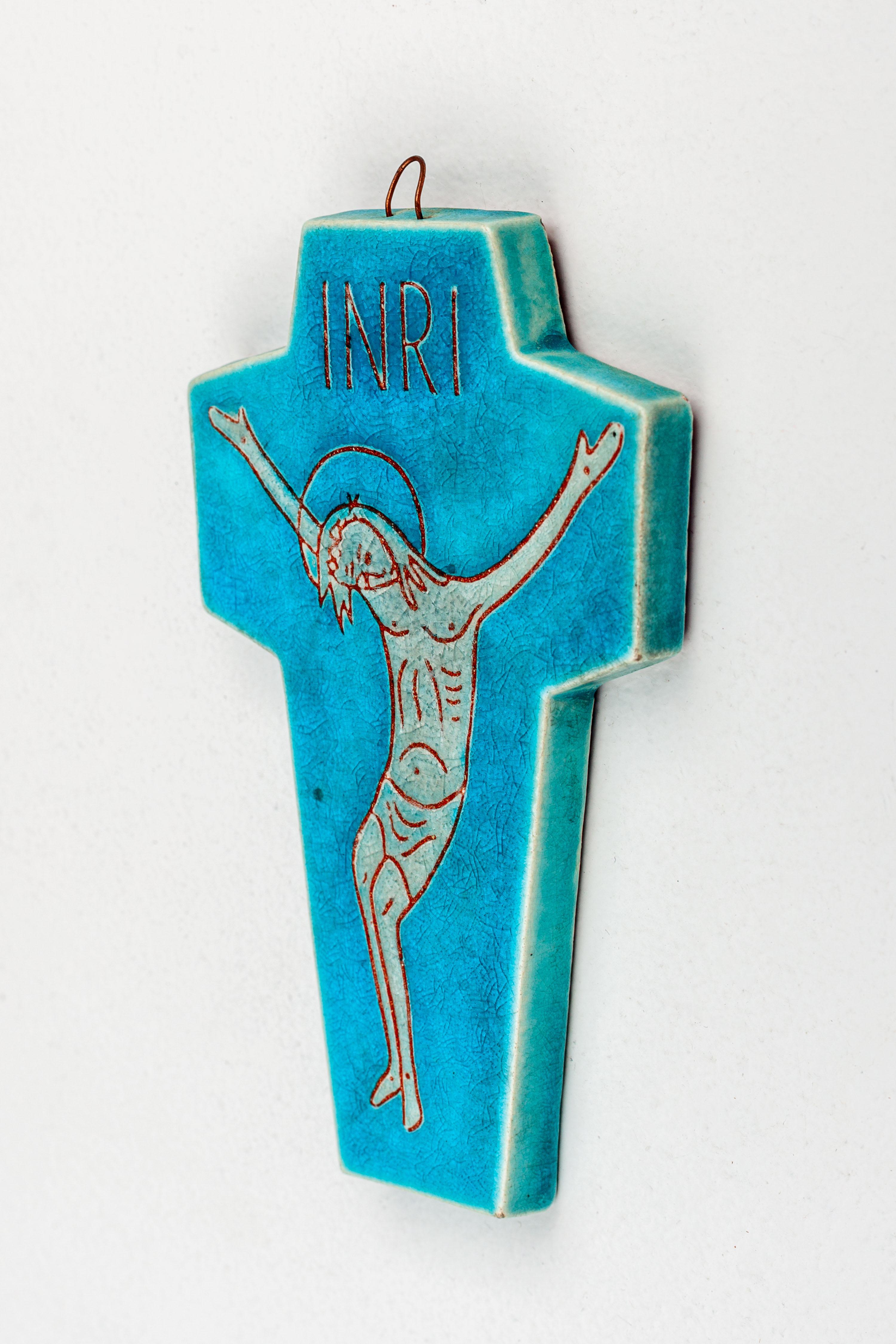 Mid-20th Century Midcentury Blue & Green Ceramic Wall Cross, Jesus INRI, Handmade in Europe For Sale