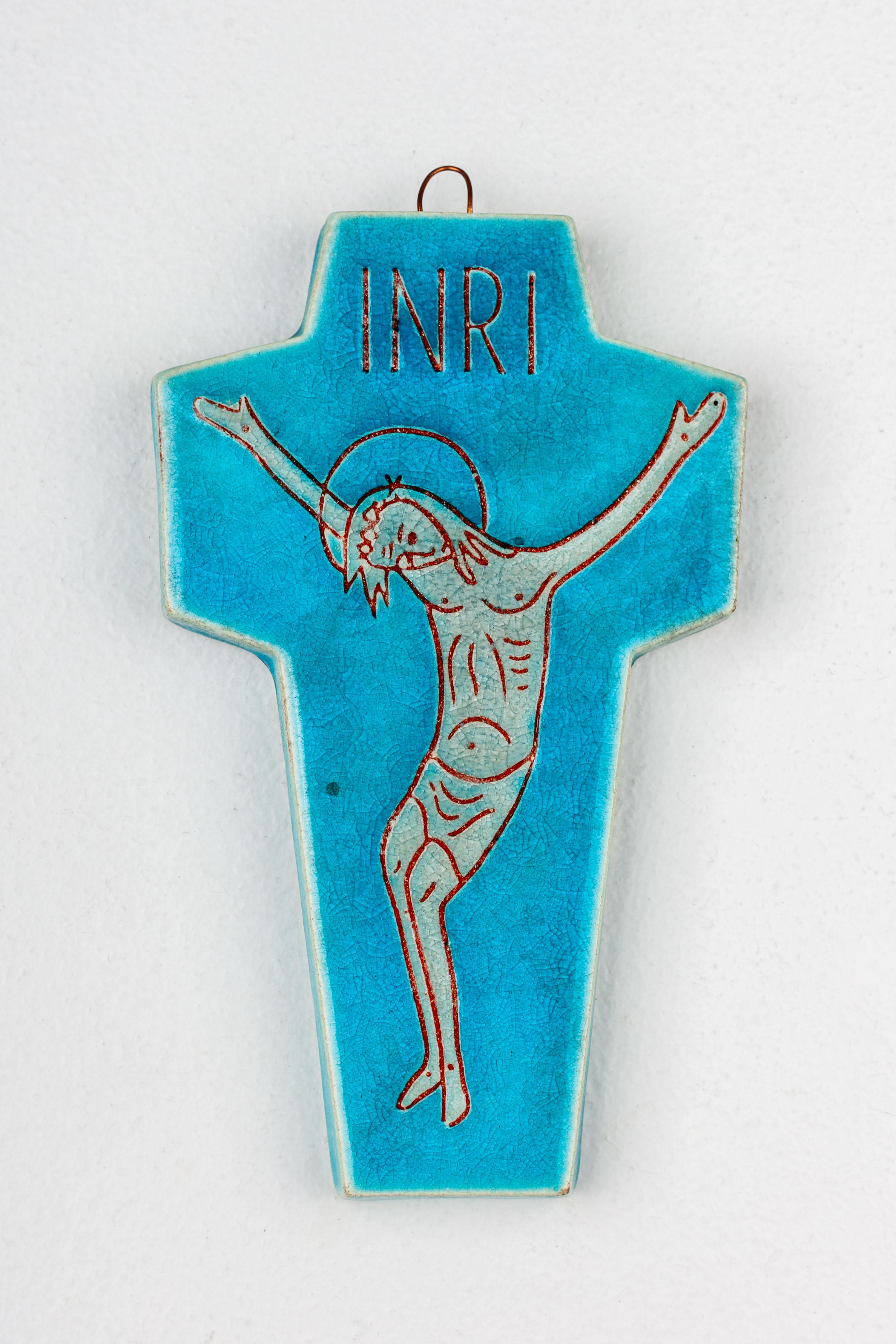 Midcentury Blue & Green Ceramic Wall Cross, Jesus INRI, Handmade in Europe For Sale 1