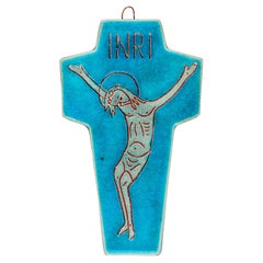 Vintage Midcentury Blue & Green Ceramic Wall Cross, Jesus INRI, Handmade in Europe