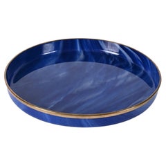 Midcentury Blue Ocean Lucite and Brass Round Serving Tray, Italy 1980s