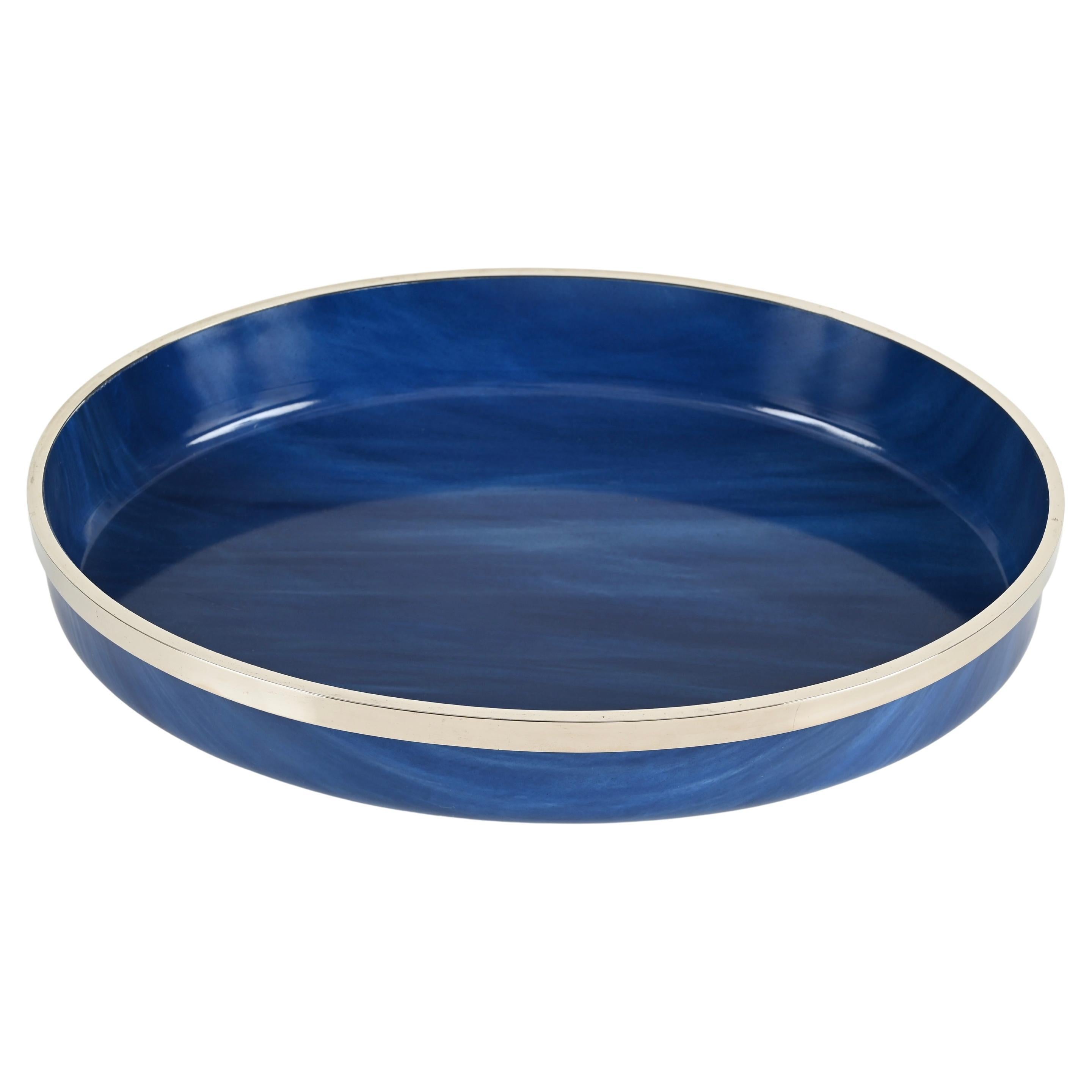 Vassoio da portata ovale in lucite e cromo blu oceano del Medioevo, Italia anni '80