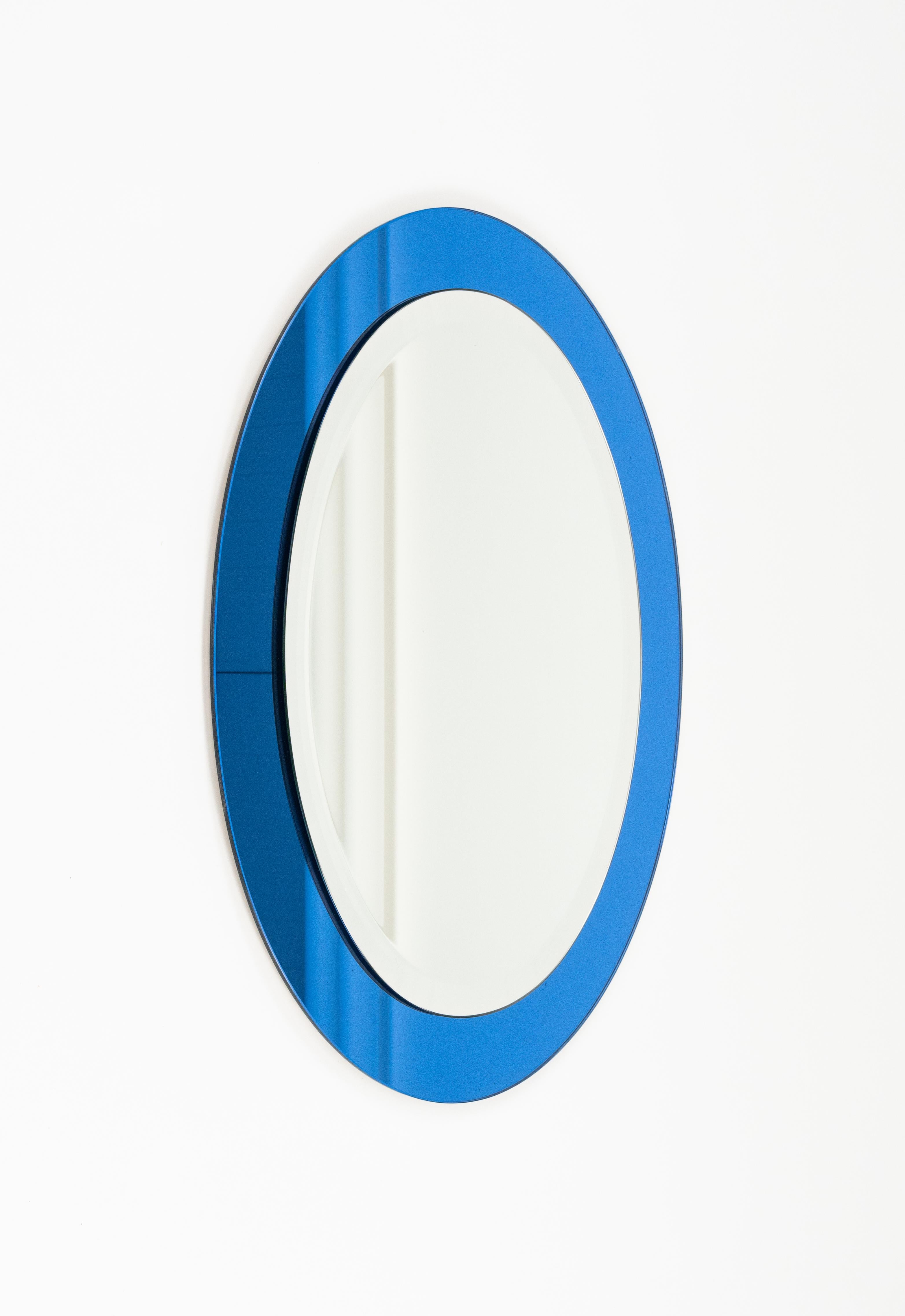 Italian Midcentury Blue Oval Wall Mirror by Antonio Lupi for Cristal Luxor, Italy 1960s For Sale