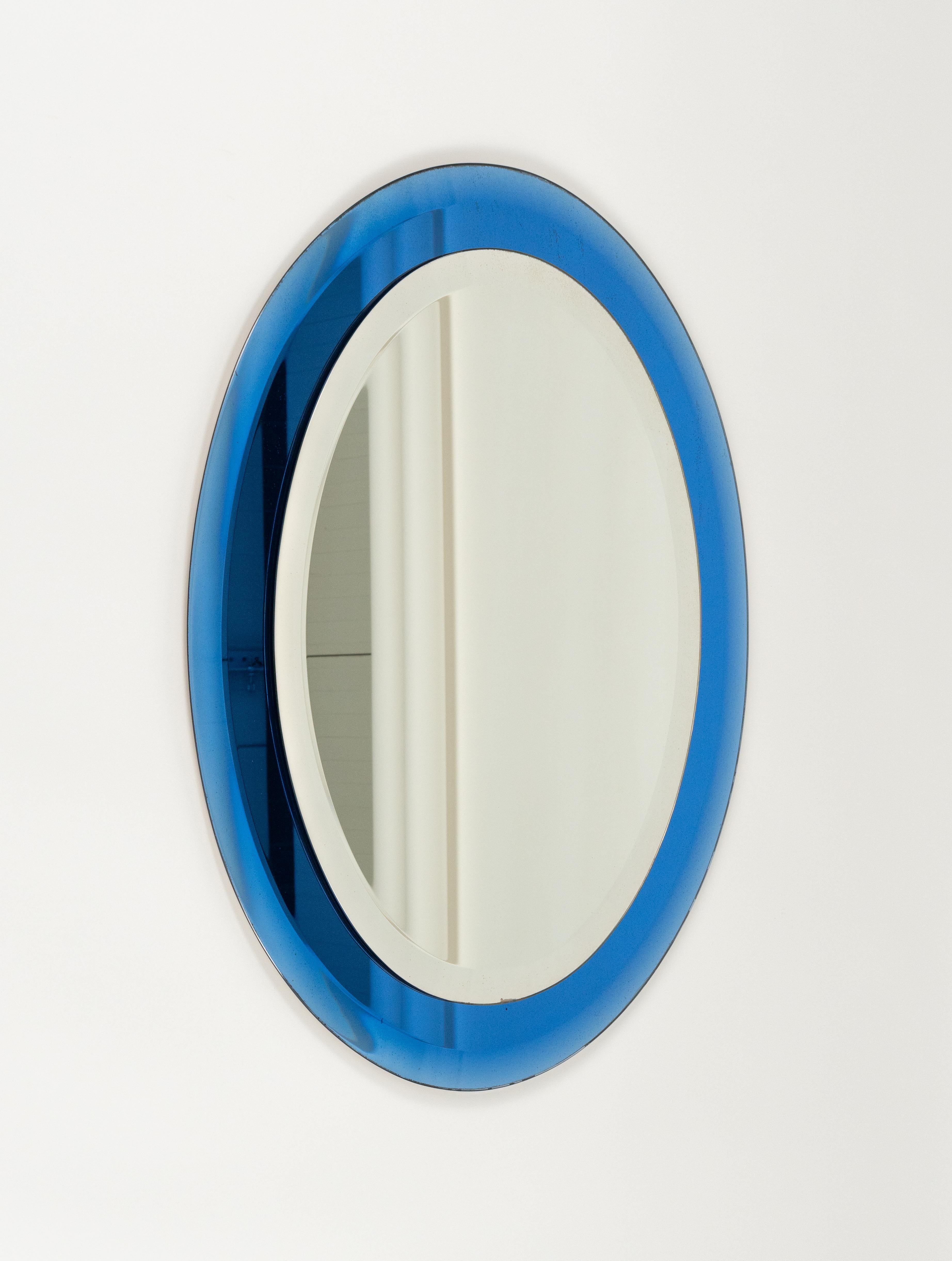 Midcentury Blue Oval Wall Mirror by Antonio Lupi for Cristal Luxor, Italy 1960s In Good Condition In Rome, IT