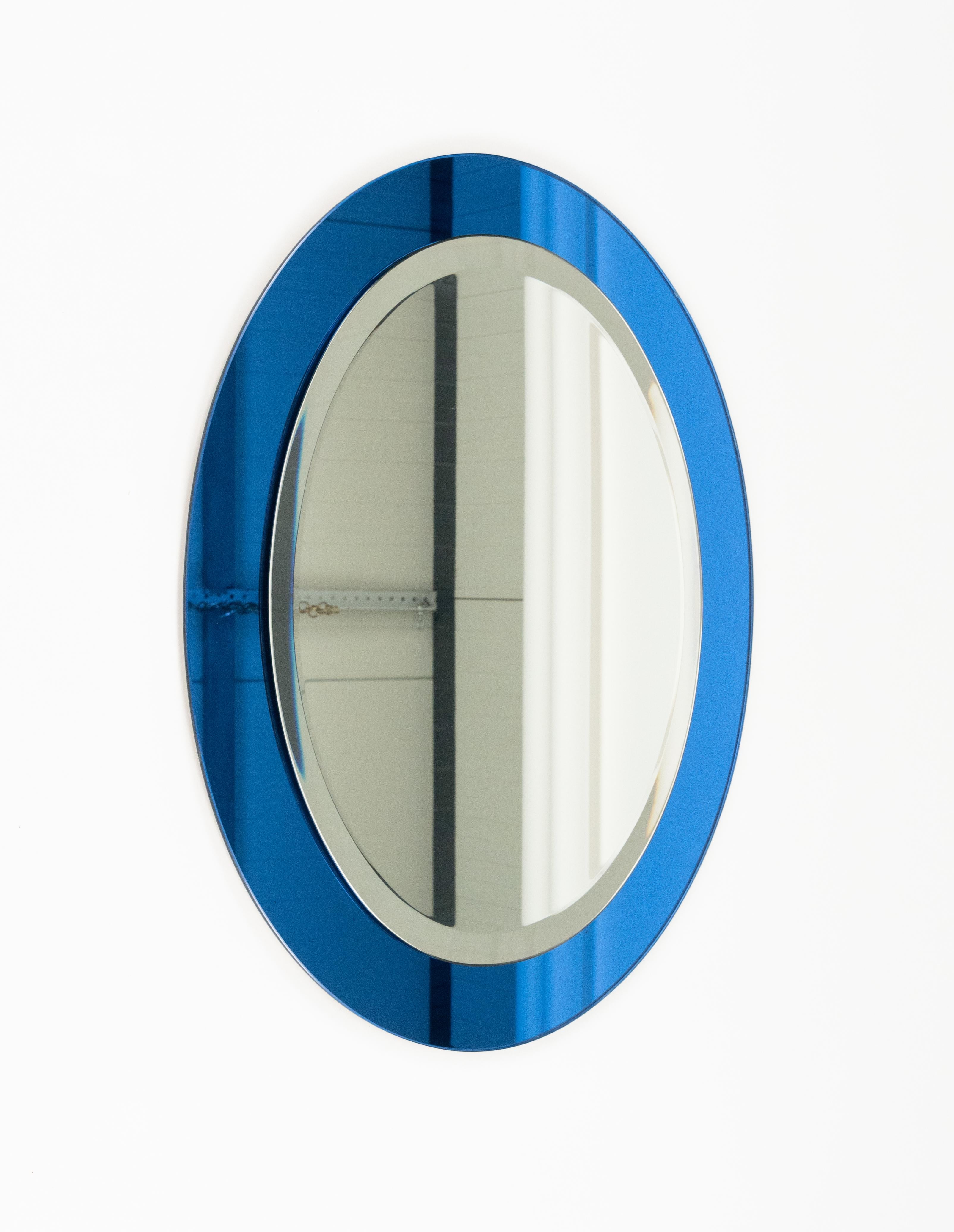 Midcentury Blue Oval Wall Mirror by Antonio Lupi for Cristal Luxor, Italy 1960s In Good Condition For Sale In Rome, IT