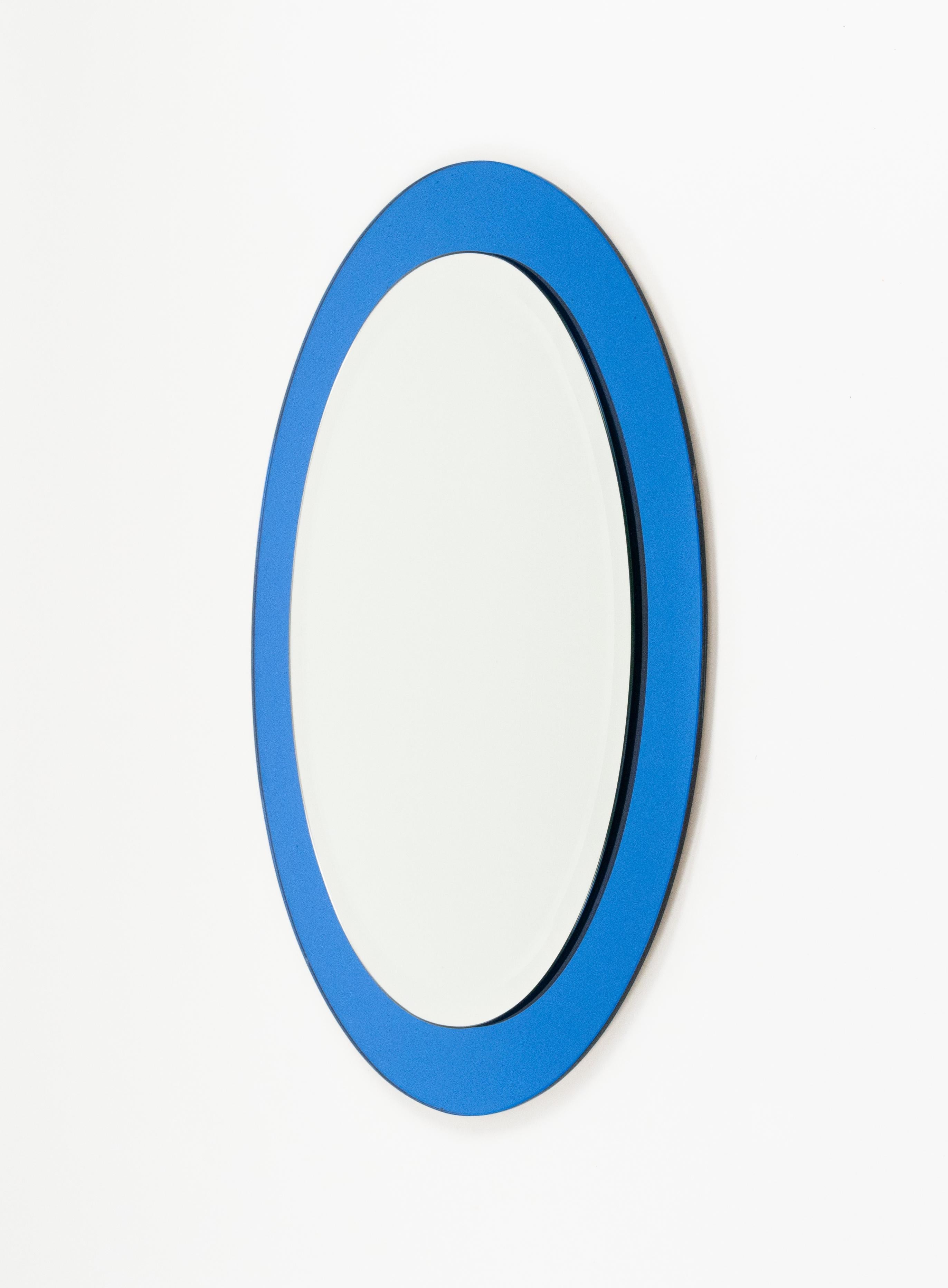 Mid-20th Century Midcentury Blue Oval Wall Mirror by Antonio Lupi for Cristal Luxor, Italy 1960s For Sale