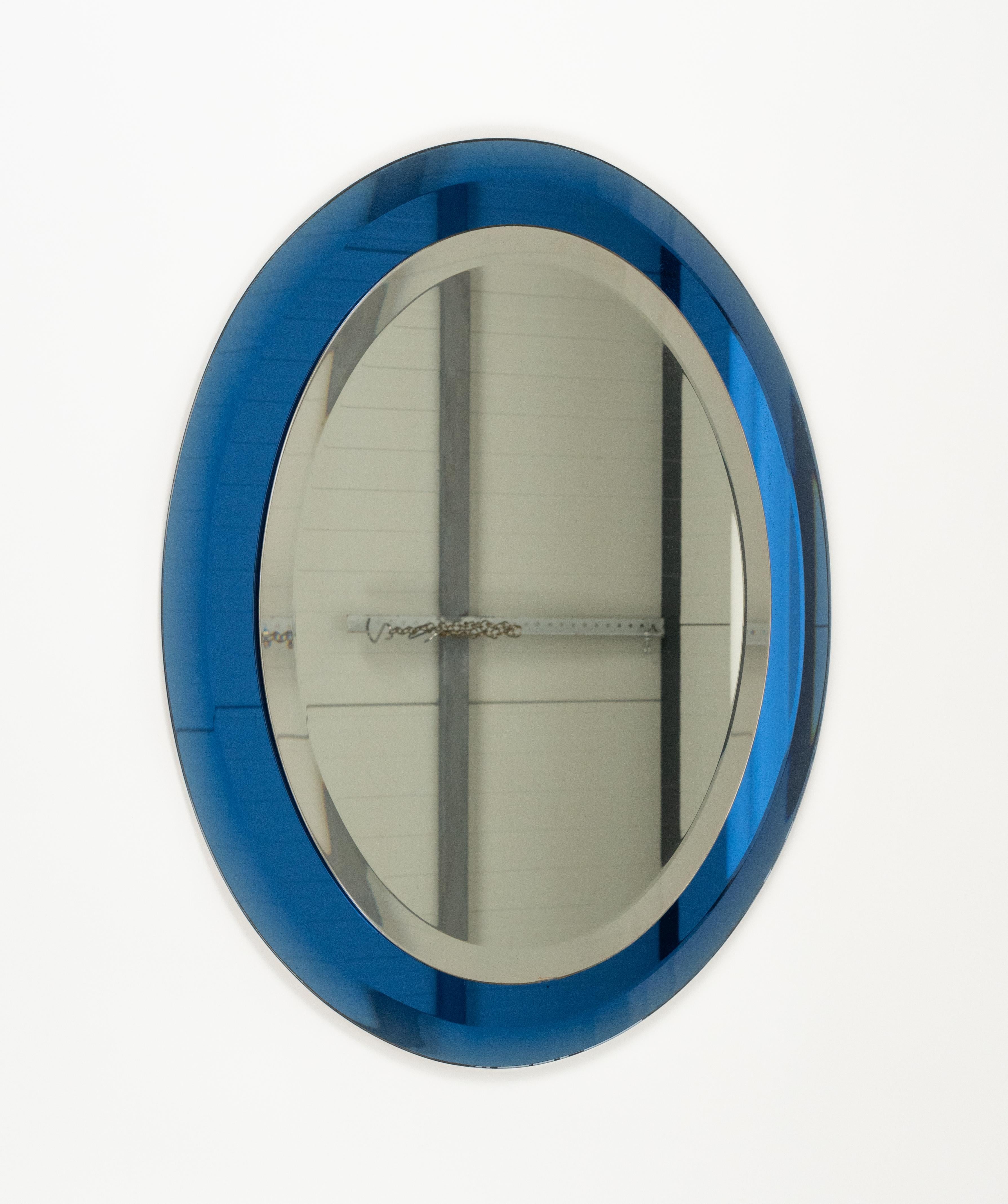 Metal Midcentury Blue Oval Wall Mirror by Antonio Lupi for Cristal Luxor, Italy 1960s
