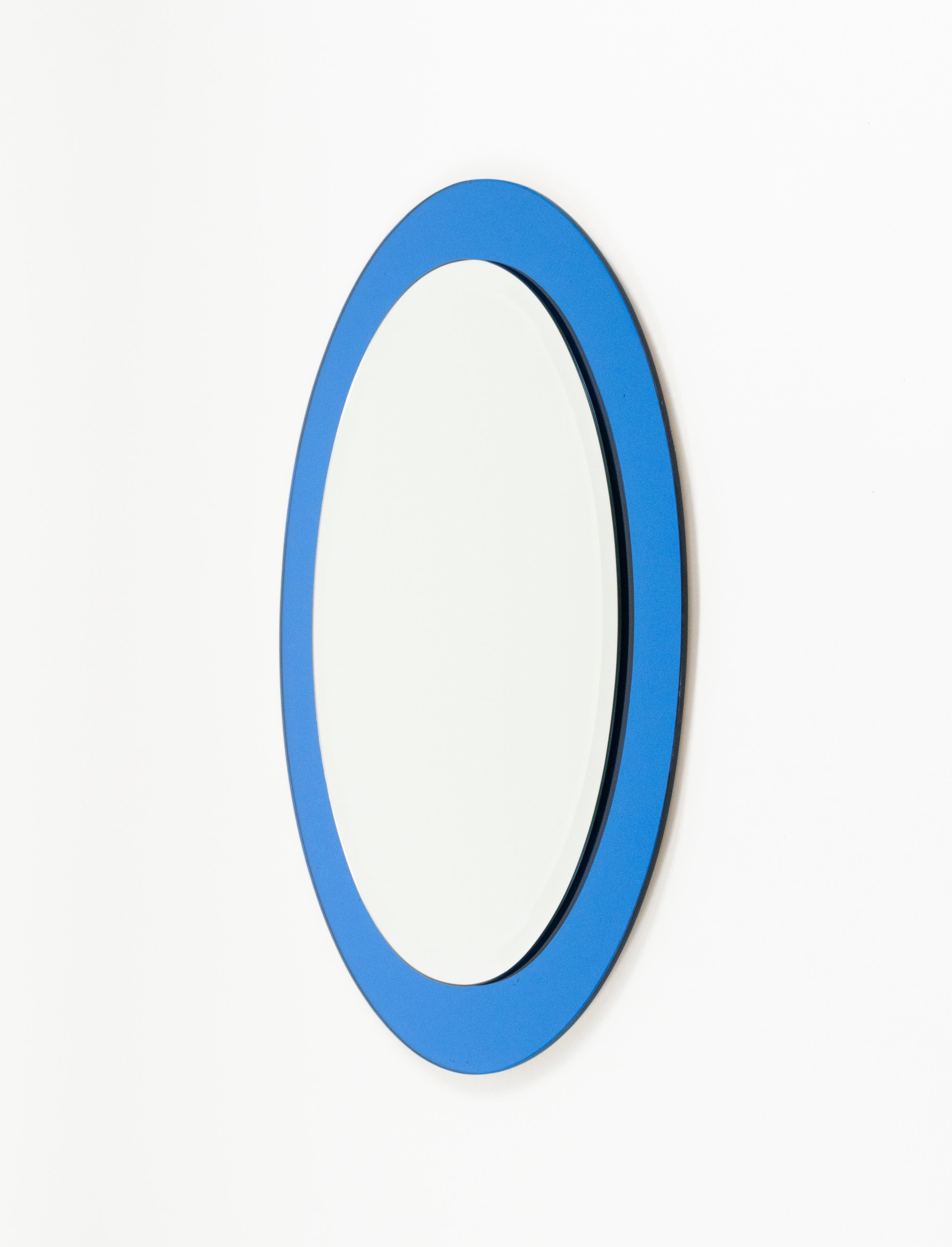 Metal Midcentury Blue Oval Wall Mirror by Antonio Lupi for Cristal Luxor, Italy 1960s For Sale
