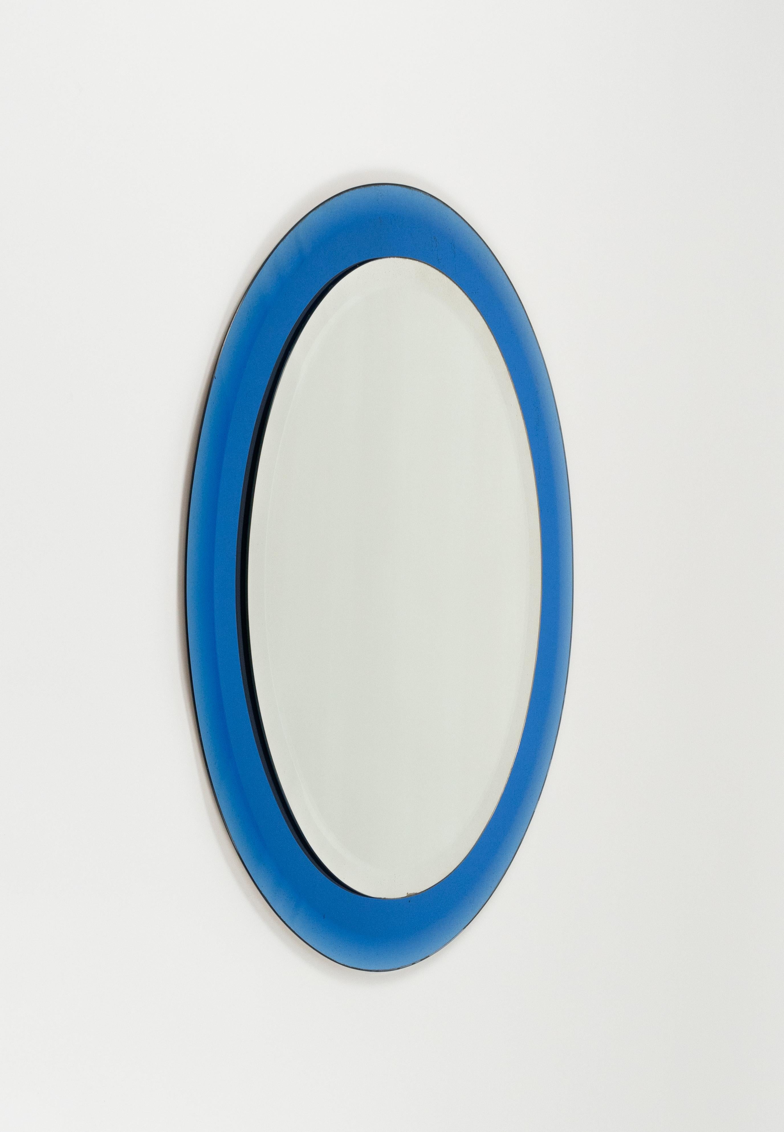 Midcentury Blue Oval Wall Mirror by Antonio Lupi for Cristal Luxor, Italy 1960s 1