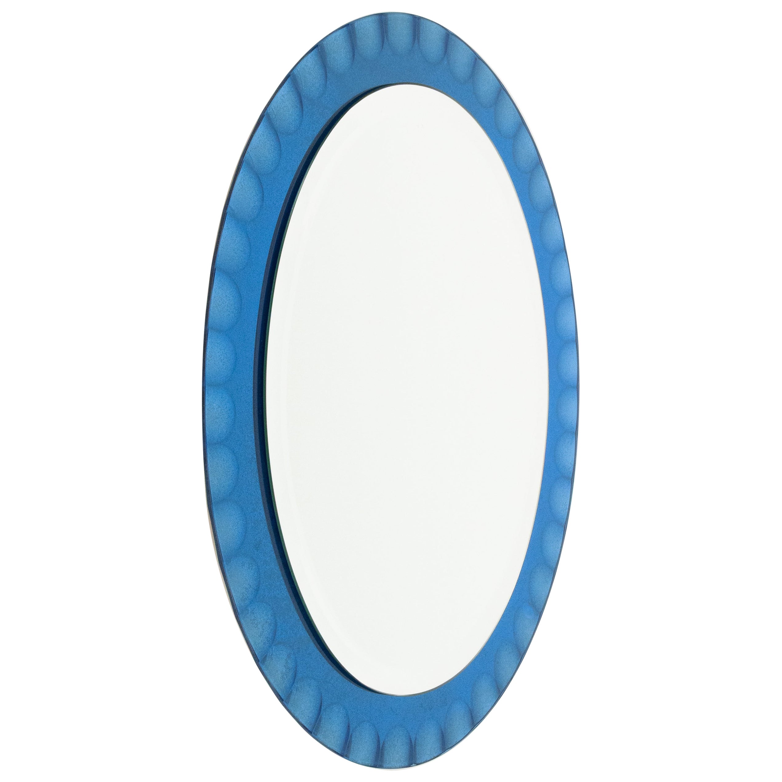 Midcentury Blue Oval Wall Mirror by Antonio Lupi for Cristal Luxor, Italy 1960s