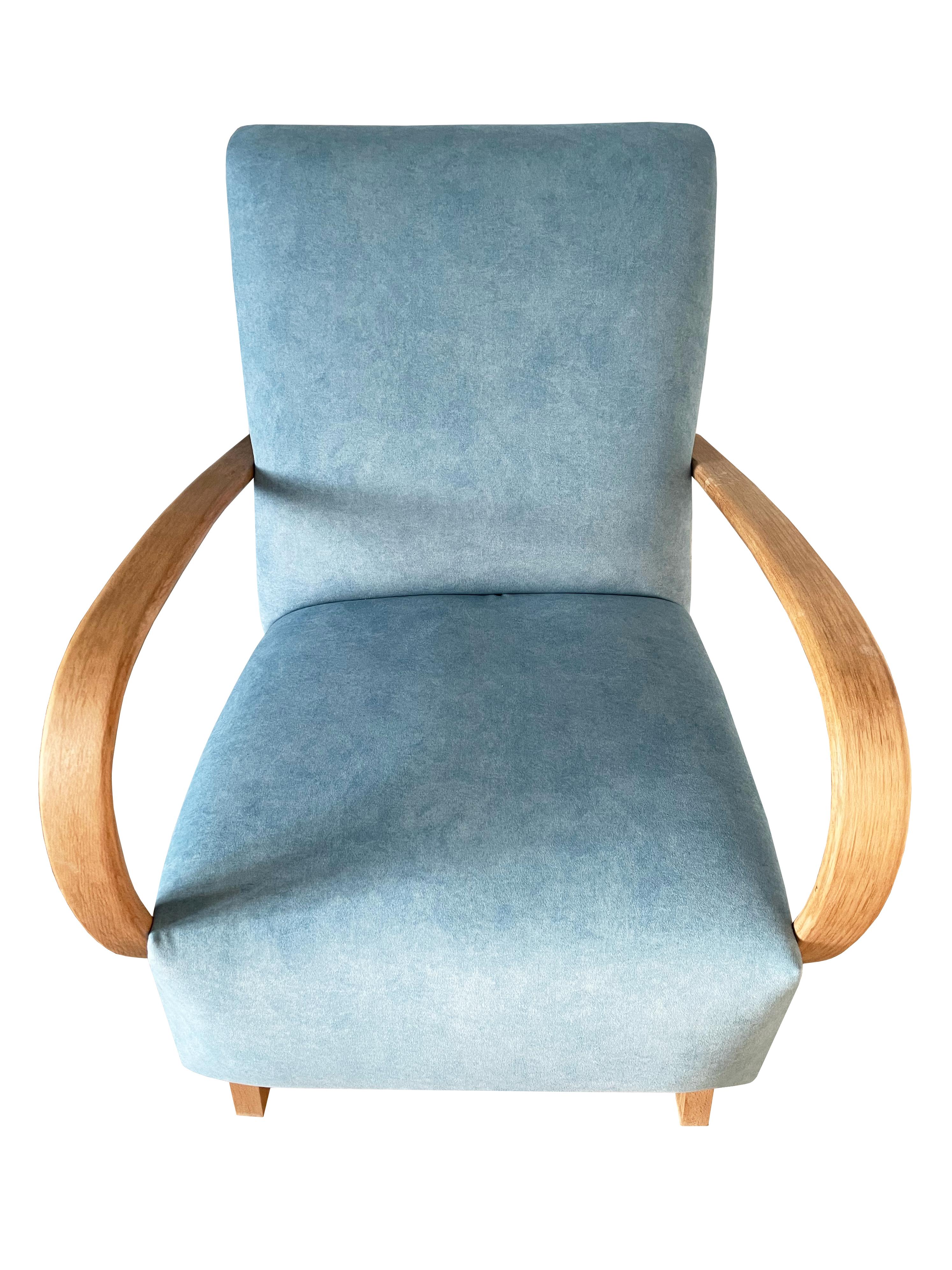 Beech Mid-Century Blue Velvet Armchair by J. Halabala, Czech Republic, 1950s For Sale