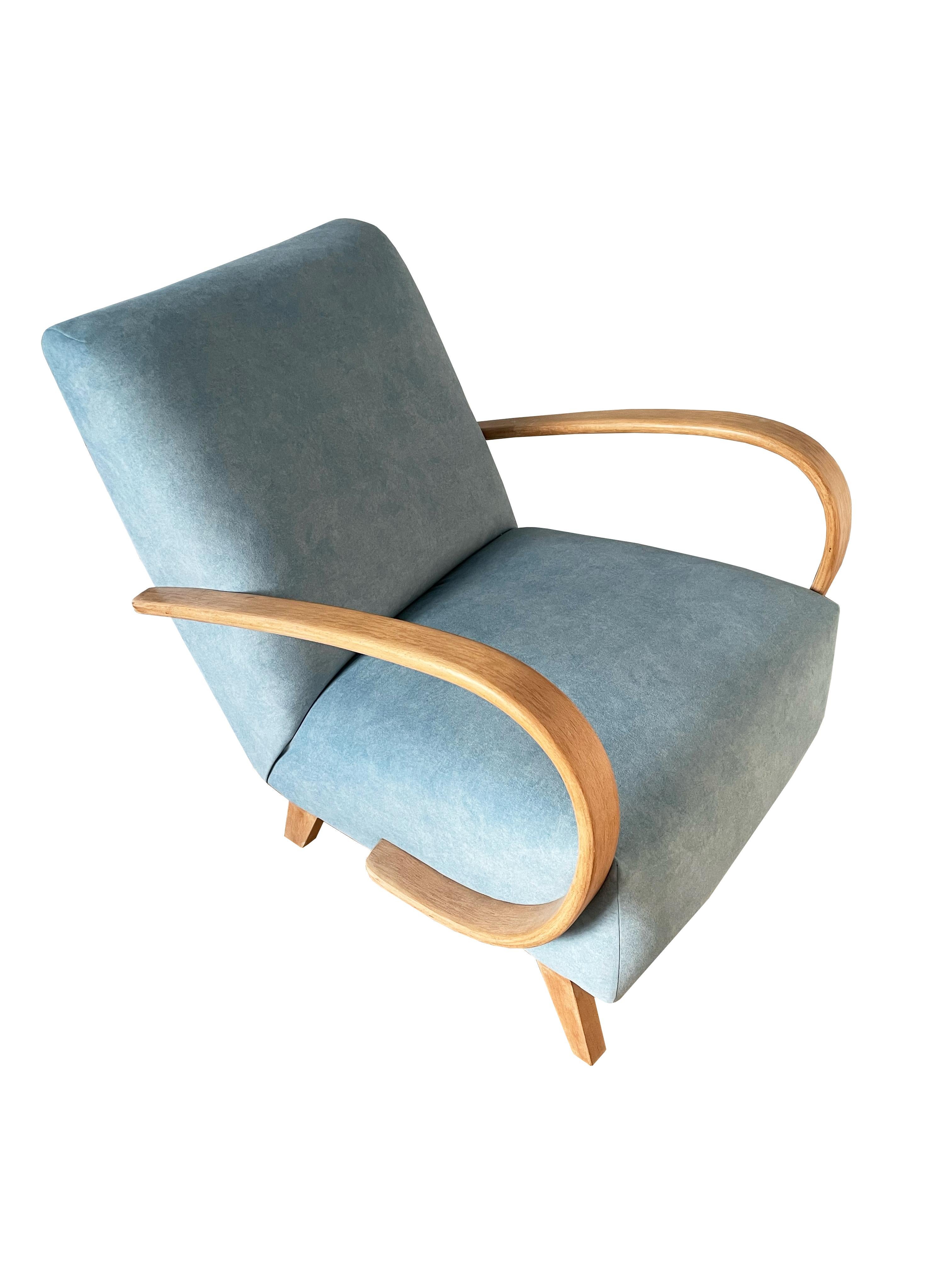 Hand-Crafted Mid-Century Blue Velvet Armchair by J. Halabala, Czech Republic, 1950s For Sale