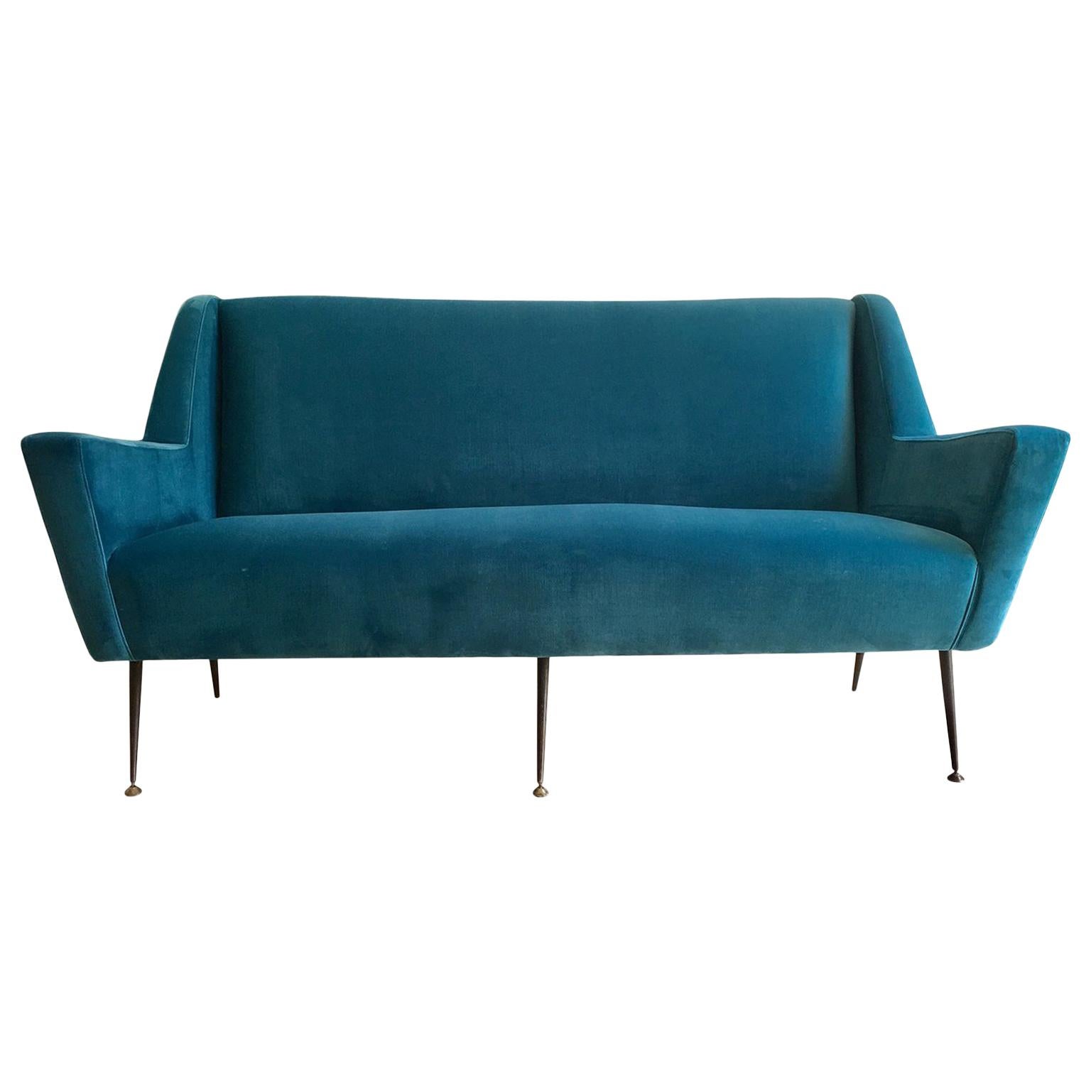Midcentury Blue Velvet, Brass and Black Lacquered Metal Italian Sofa, 1950