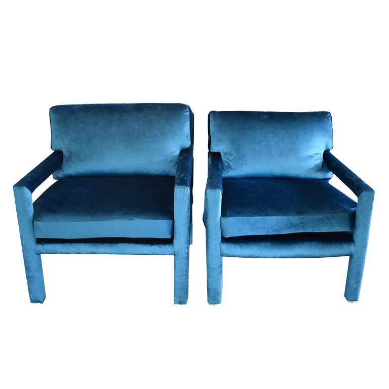 Midcentury Blue Velvet Milo Baughman Style Parsons Open Arm Club Chairs