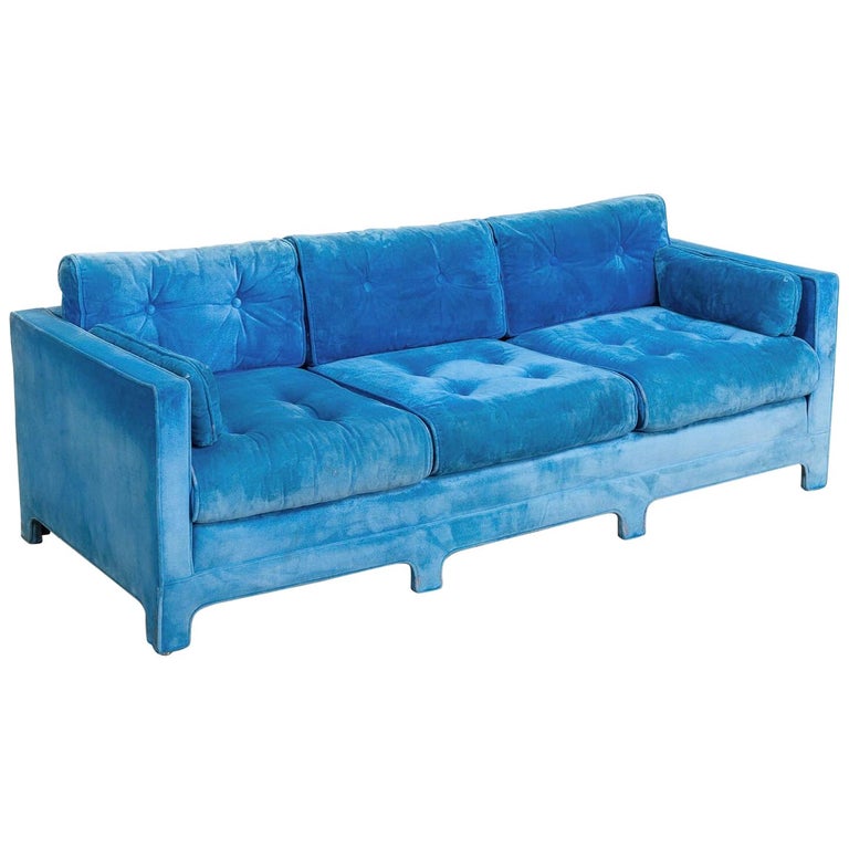 Midcentury Blue Velvet Upholstered Three-Seat Sofa Couch, 1970s For