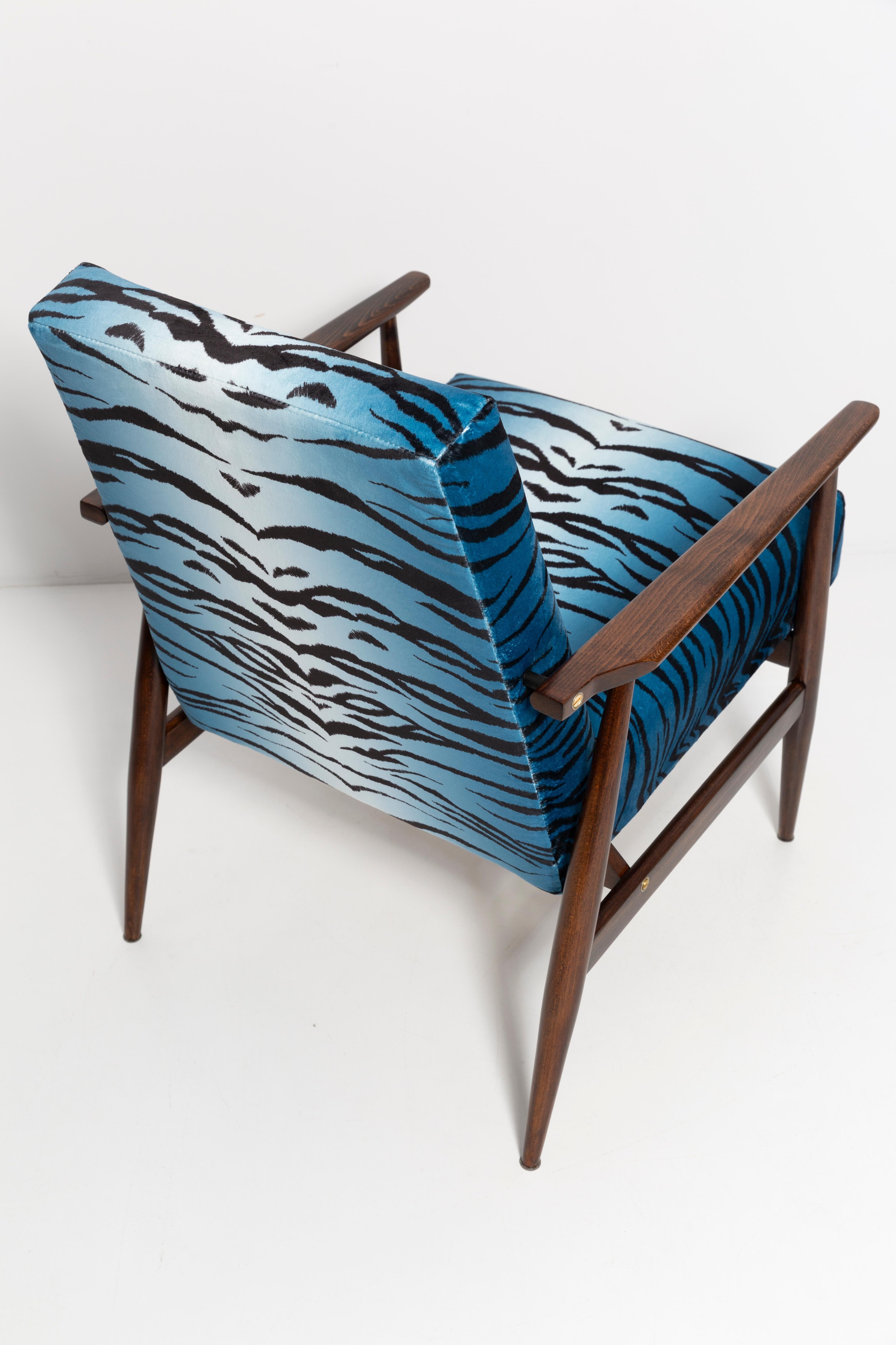 Mid-Century Blue Zebra Print Velvet Dante Armchair, H. Lis, 1960s For Sale 1