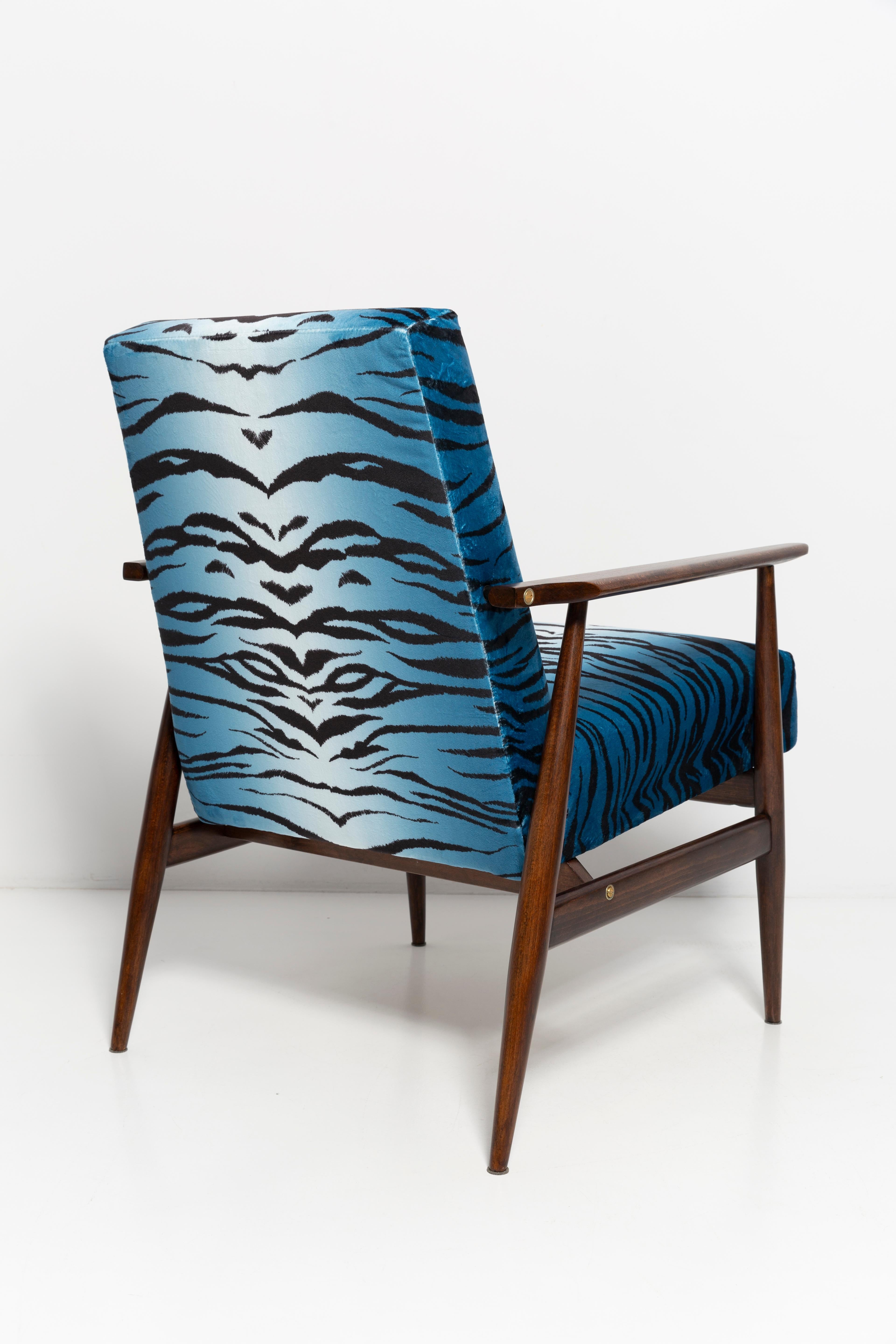 Textile Mid-Century Blue Zebra Print Velvet Dante Armchair, H. Lis, 1960s For Sale