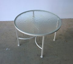Bob Anderson Newly Enameled White Wrought Iron and Round Glass Patio Side Table